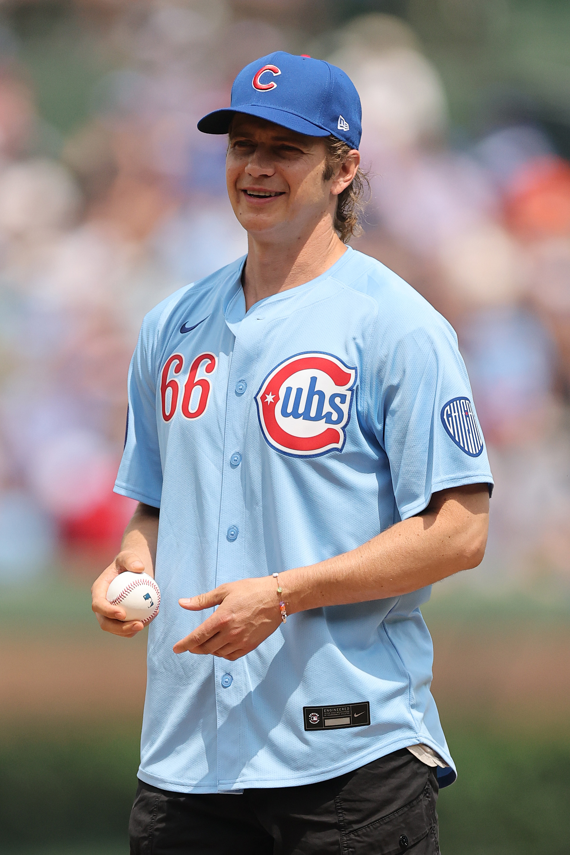 Hayden Christensen looks on before throwing out the ceremonial first pitch prior to the game between the Chicago Cubs and the Pittsburgh Pirates at Wrigley Field on August 15, 2025, in Chicago, Illinois. | Source: Getty Images