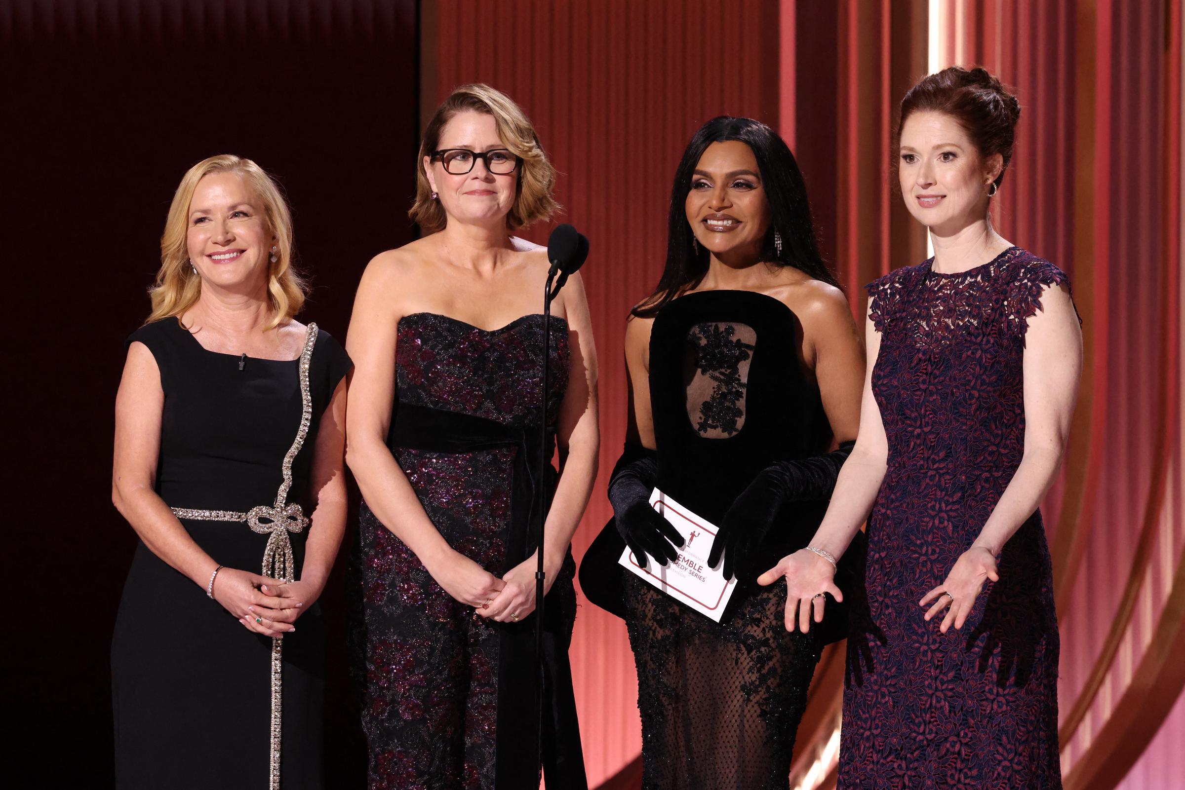 Angela Kinsey, Jenna Fischer, Mindy Kaling and Ellie Kemper present the award for Outstanding Performance by an Ensemble in a Comedy Series during the 32nd Annual Actor Awards at the Shrine Auditorium in Los Angeles on March 1, 2026. | Source: Getty Images