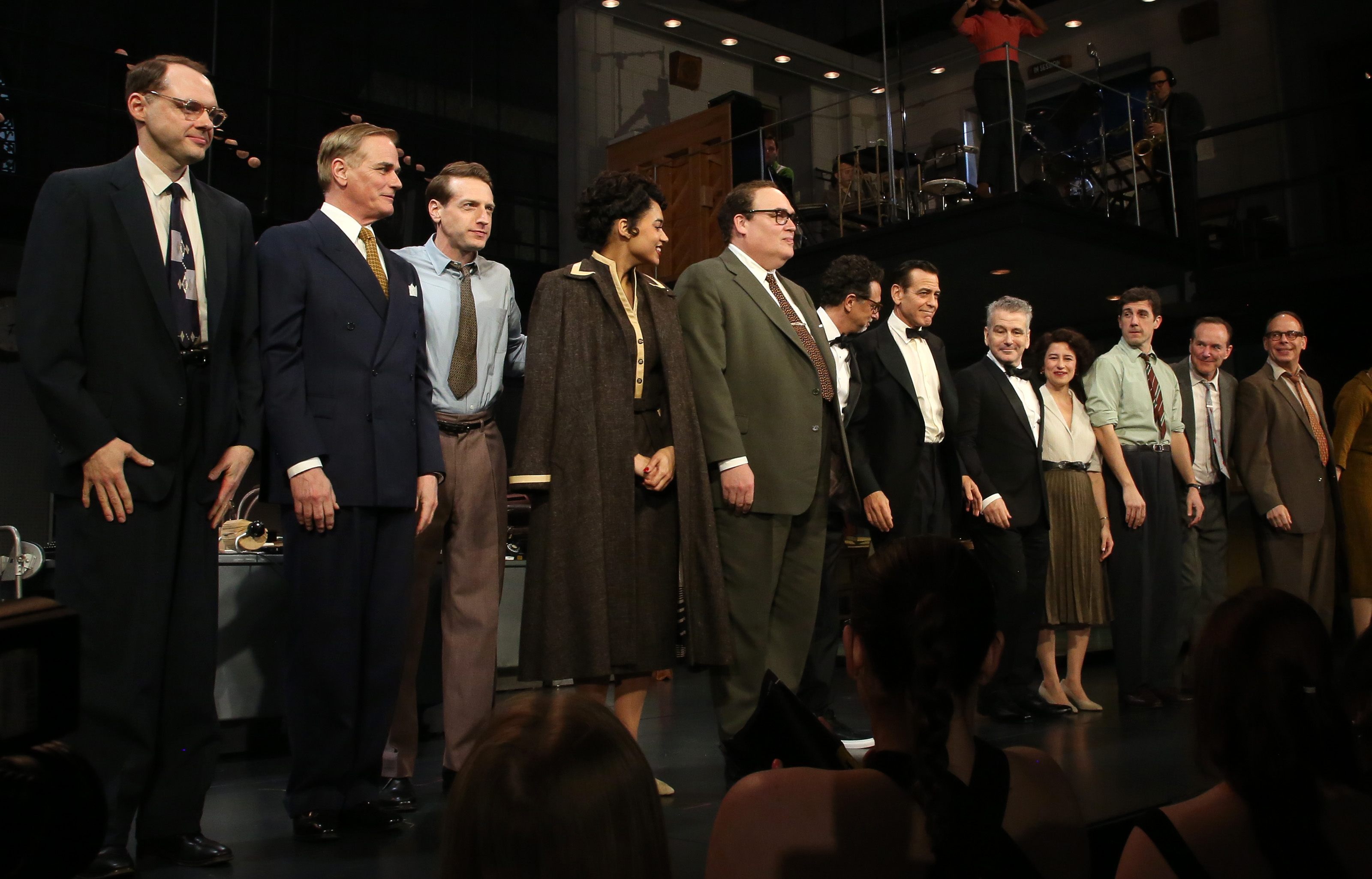 (L-R) Christopher Denham, Paul Gross, Fran Kranz, Georgia Heers, Glenn Fleshler, Grant Heslov, George Clooney, David Cromer, Ilana Glazer, Carter Hudson, Clark Gregg, Andrew Polk during the opening night curtain call of "Good Night and Good Luck" on Broadway at The Winter Garden Theatre on April 3, 2025, in New York City. | Source: Getty Images