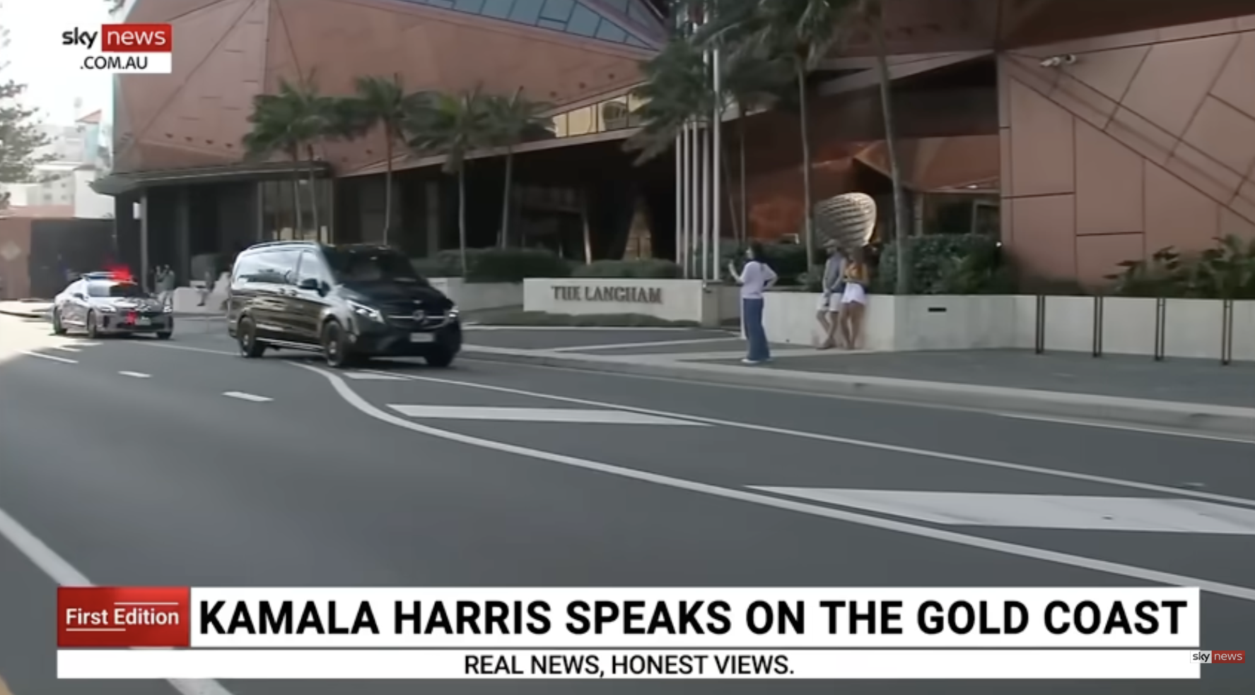 Kamala Harris and her convoy leave The Langham Hotel in Gold Coast, Australia on May 25, 2025 to attend the Australasia Real Estate Conference 2025 | Source: YouTube/Sky News Australia