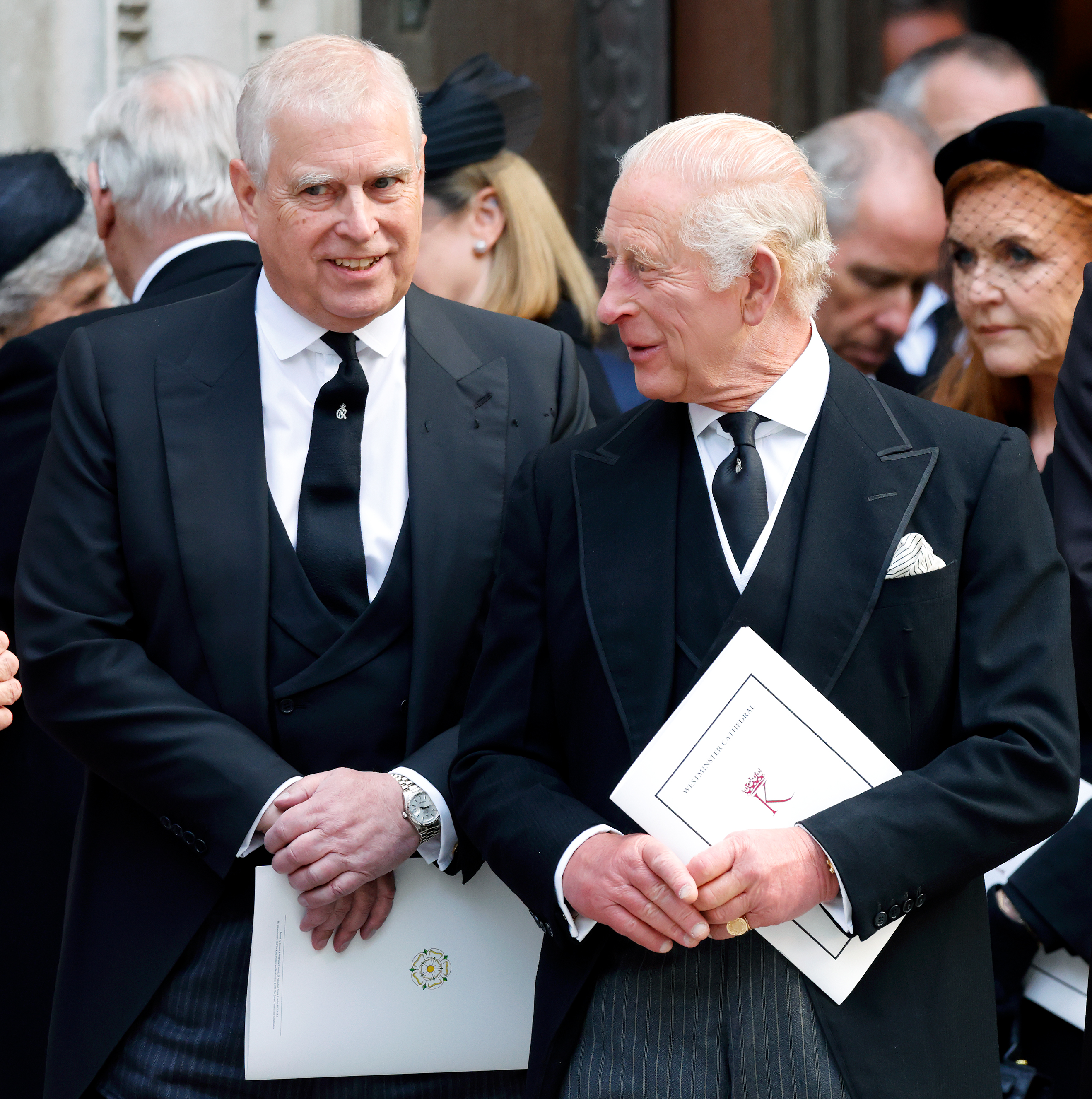 Prince Andrew, Duke of York and King Charles III attend Katharine, Duchess of Kent's Requiem Mass service at Westminster Cathedral on September 16, 2025 in London, England. | Source: Getty Images