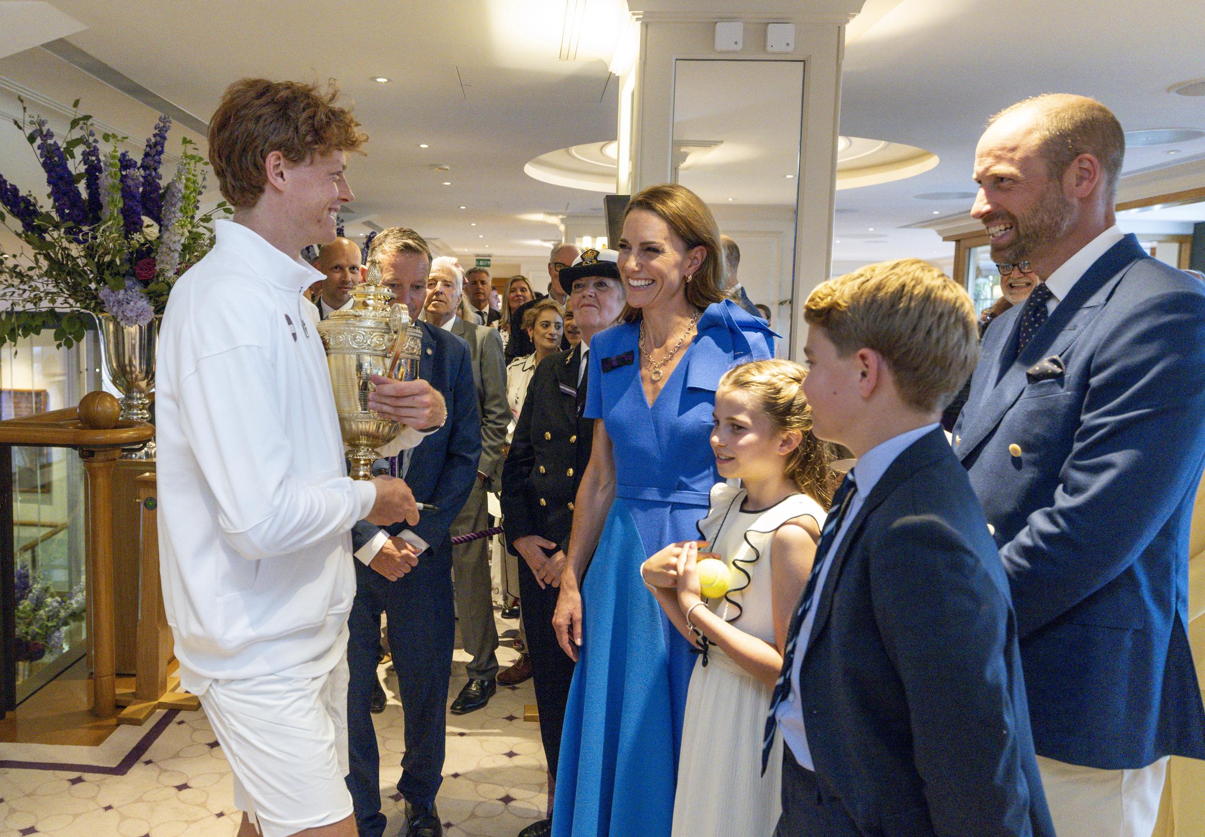 Jannik Sinner meets with Catherine, Princess of Wales, Prince William, Prince of Wales, Princess Charlotte of Wales and Prince George of Wales in the Clubhouse after winning the Gentlemen's Singles Final at The Championships 2025 Held at The All England Lawn Tennis Club on July 13, 2025 in London, England | Source: Getty Images