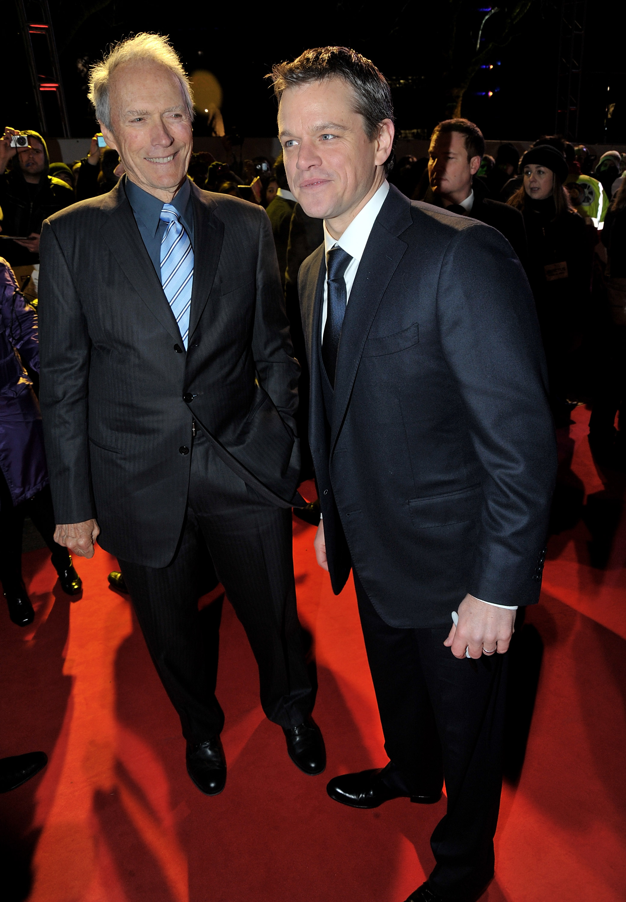 Clint Eastwood and actor Matt Damon attend the "Invictus" film premiere at the Odeon West End on January 31, 2010 in London, England. | Source: Getty Images