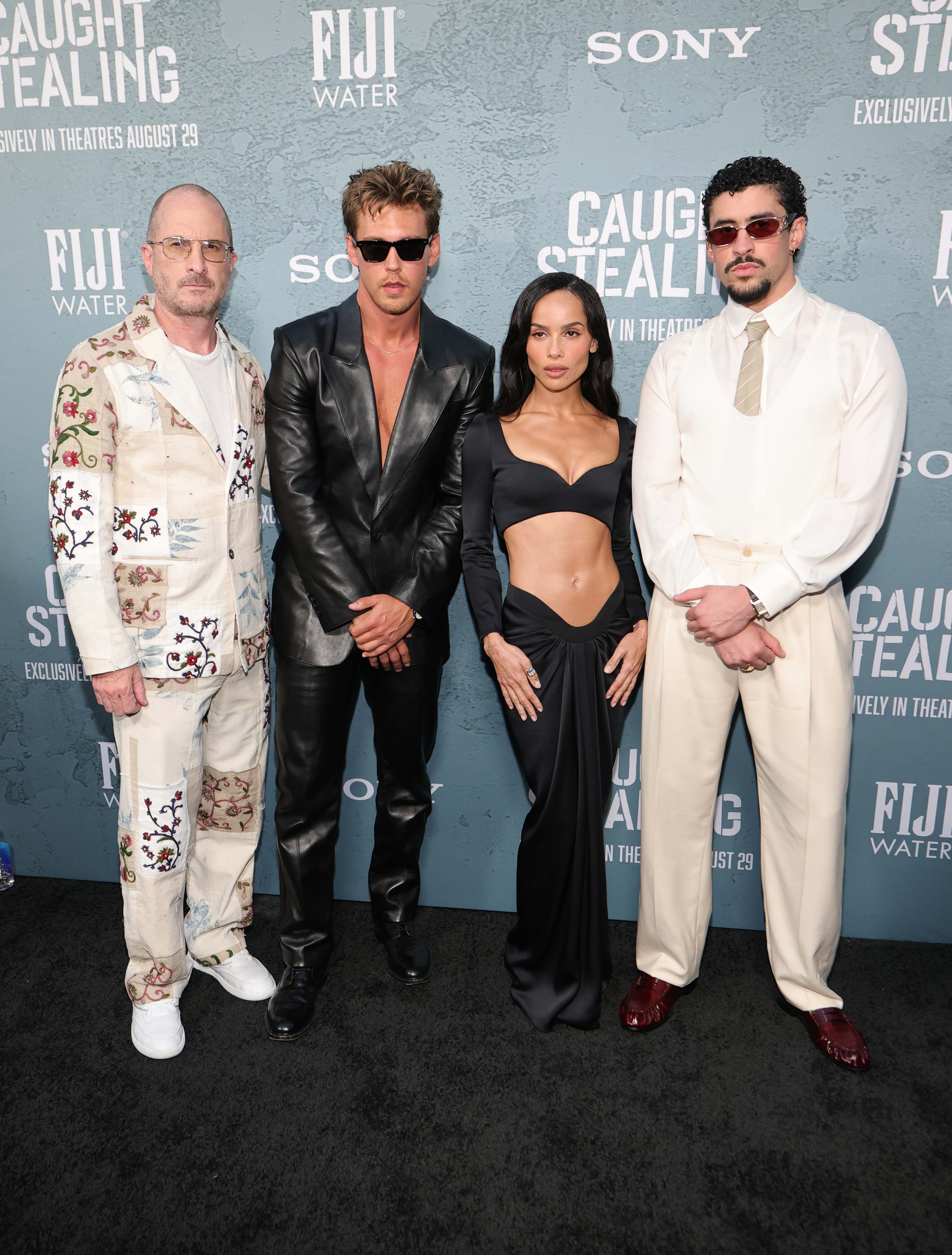 Darren Aronofsky, Austin Butler, Zoë Kravitz, and Bad Bunny attend the Columbia Pictures "Caught Stealing" New York Premiere held at Regal Union Square on August 26, 2025, in New York City. | Source: Getty Images