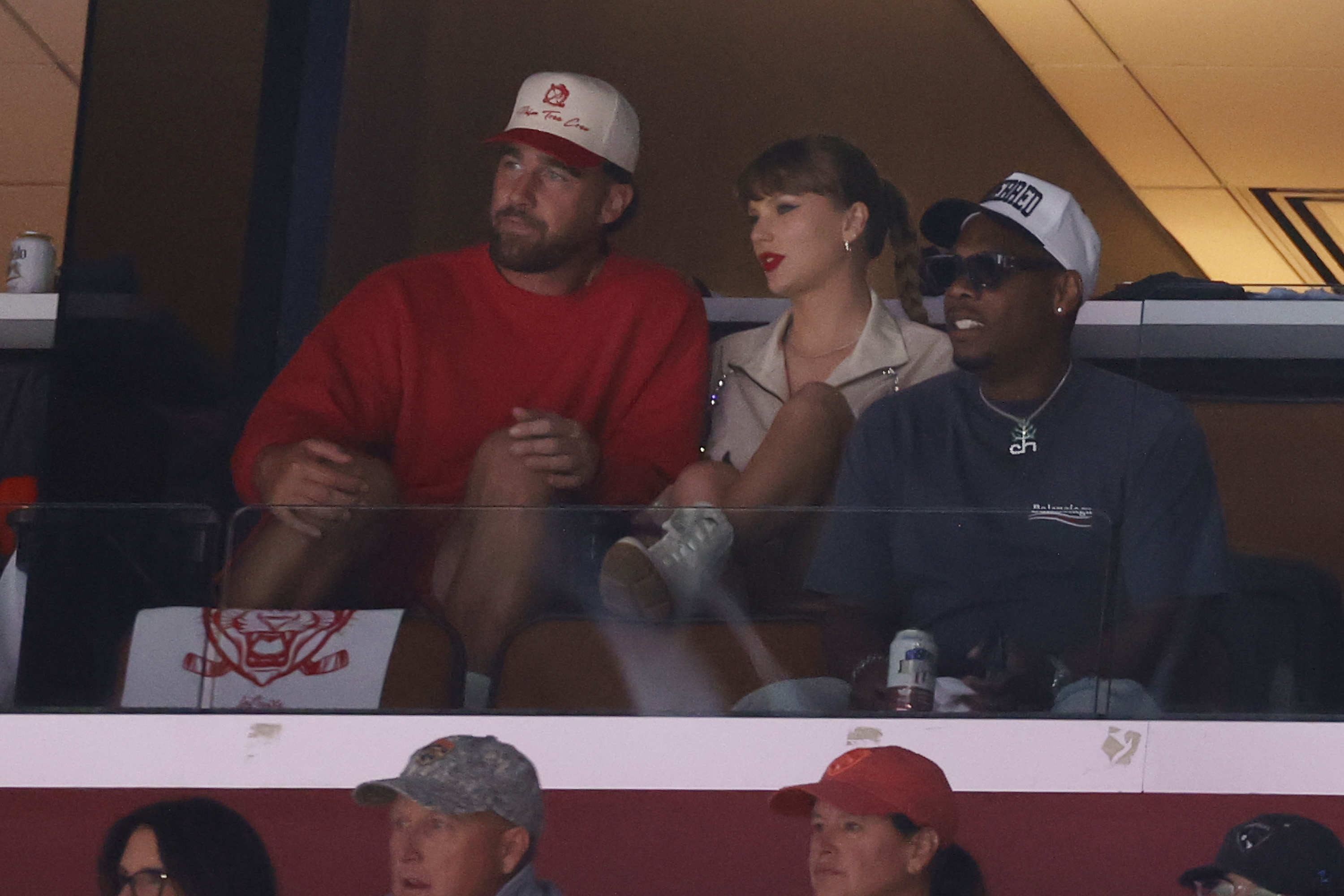 Travis Kelsey and Taylor Swift watch game 4 of the Stanley Cup Final between the Florida Panthers and the Edmonton Oilers in Game Four of the 2025 Stanley Cup Final at the Amerant Bank Arena on June 12, 2025, in Sunrise, Florida. | Source: Getty Images