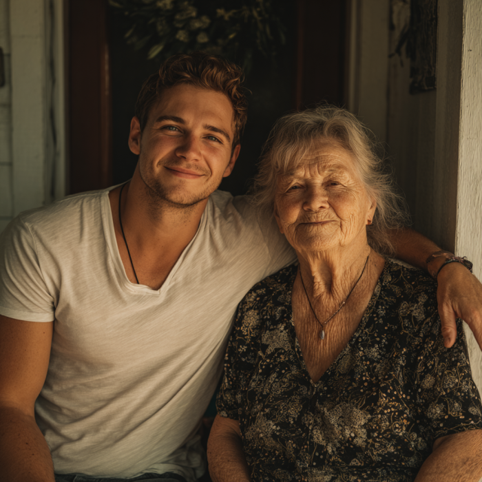 A young man with his grandma | Source: Midjourney