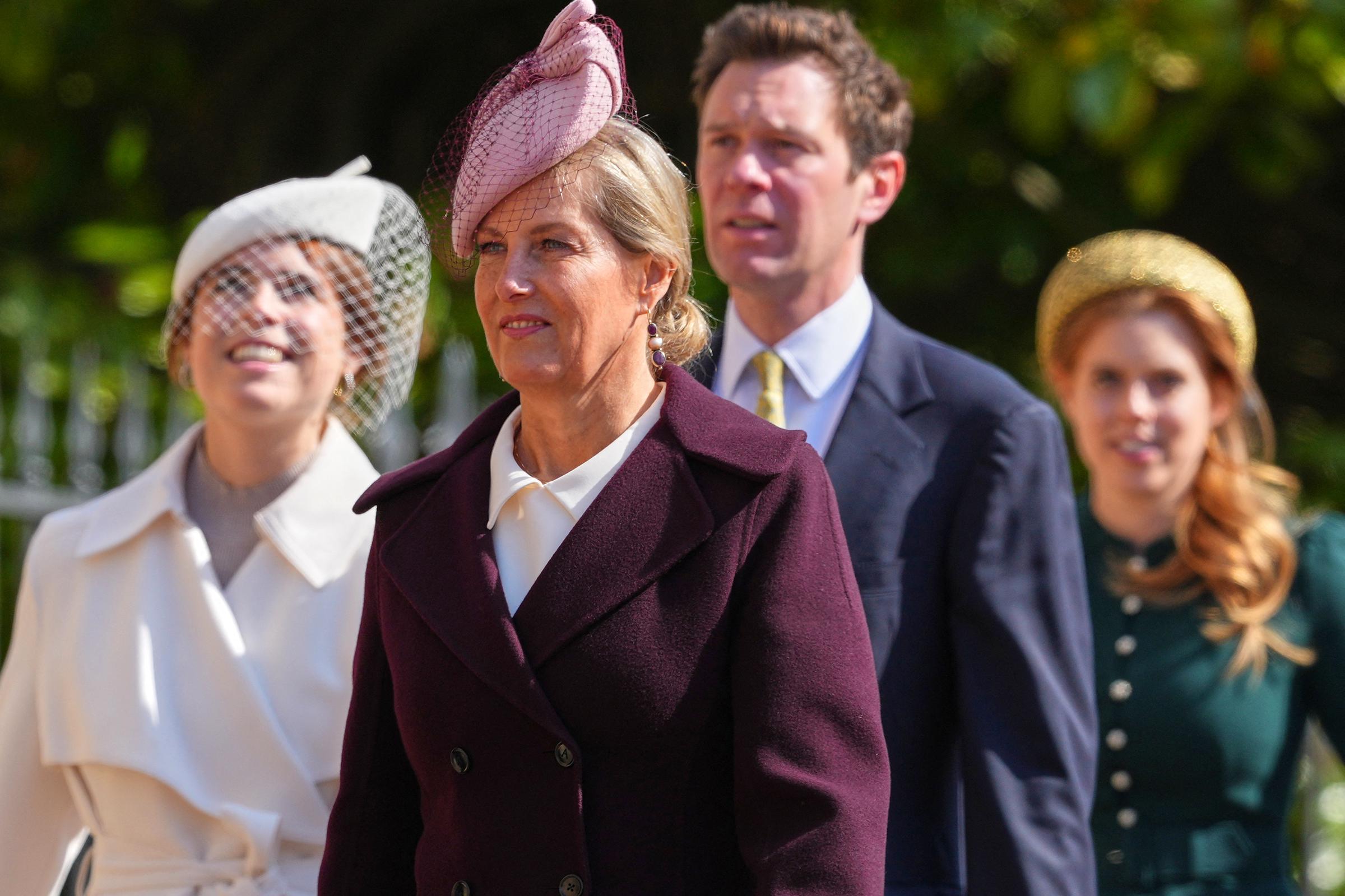 Britain's Sophie, Duchess of Edinburgh, Britain's Princess Eugenie of York and her husband Jack Brooksbank, and Britain's Princess Beatrice of York arrive to attend the Easter Matins service at St George's Chapel at Windsor Castle, in Windsor on April 20, 2025. | Source: Getty Images