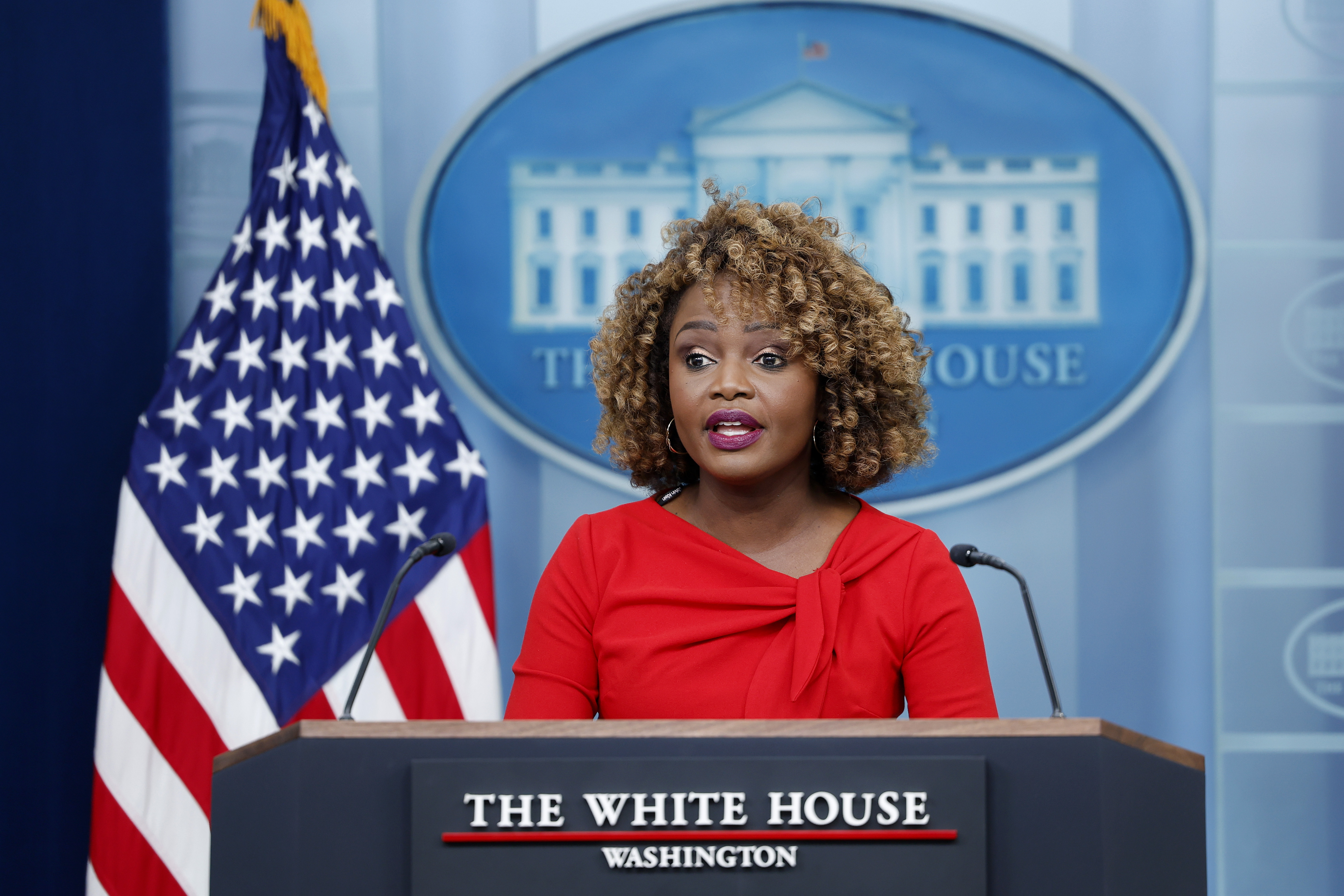Former White House press secretary Karine Jean-Pierre speaks during a news conference in James S. Brady Press Briefing Room at the White House on December 6, 2024, in Washington, DC. | Source: Getty Images