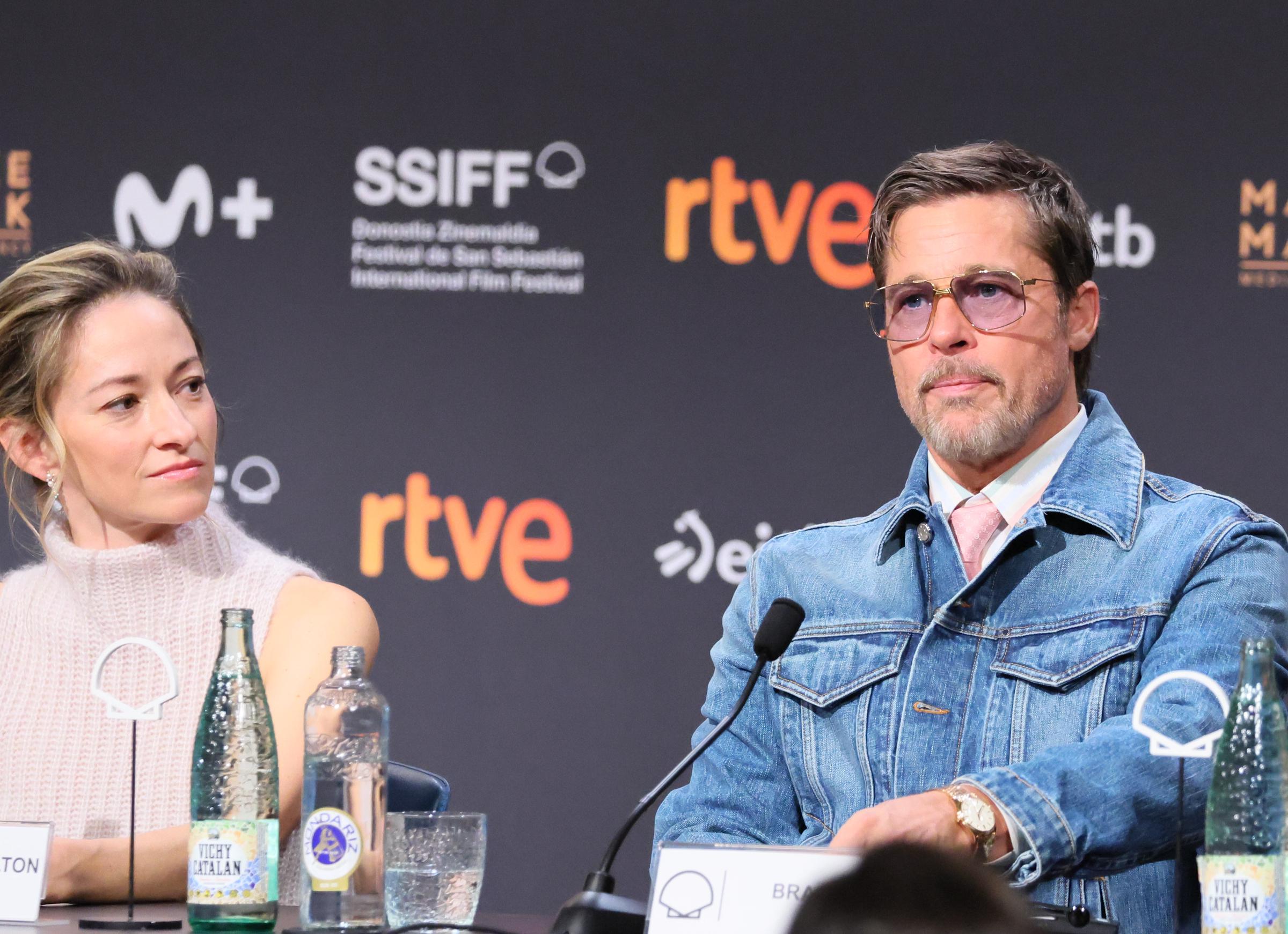(L-R) Producer Olivia Hamilton and actor Brad Pitt hold a press conference during the presentation of the film "Heart of the Beast" at the San Sebastian Film Festival, at the Kursaal Conference Centre, on September 23, 2026 in San Sebastian, Spain. | Source: Getty Images