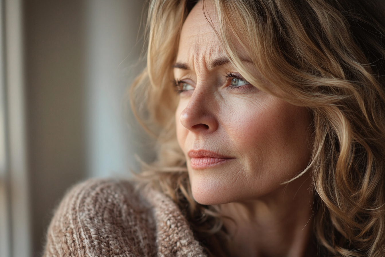 A sad woman staring thoughtfully out a window | Source: Midjourney