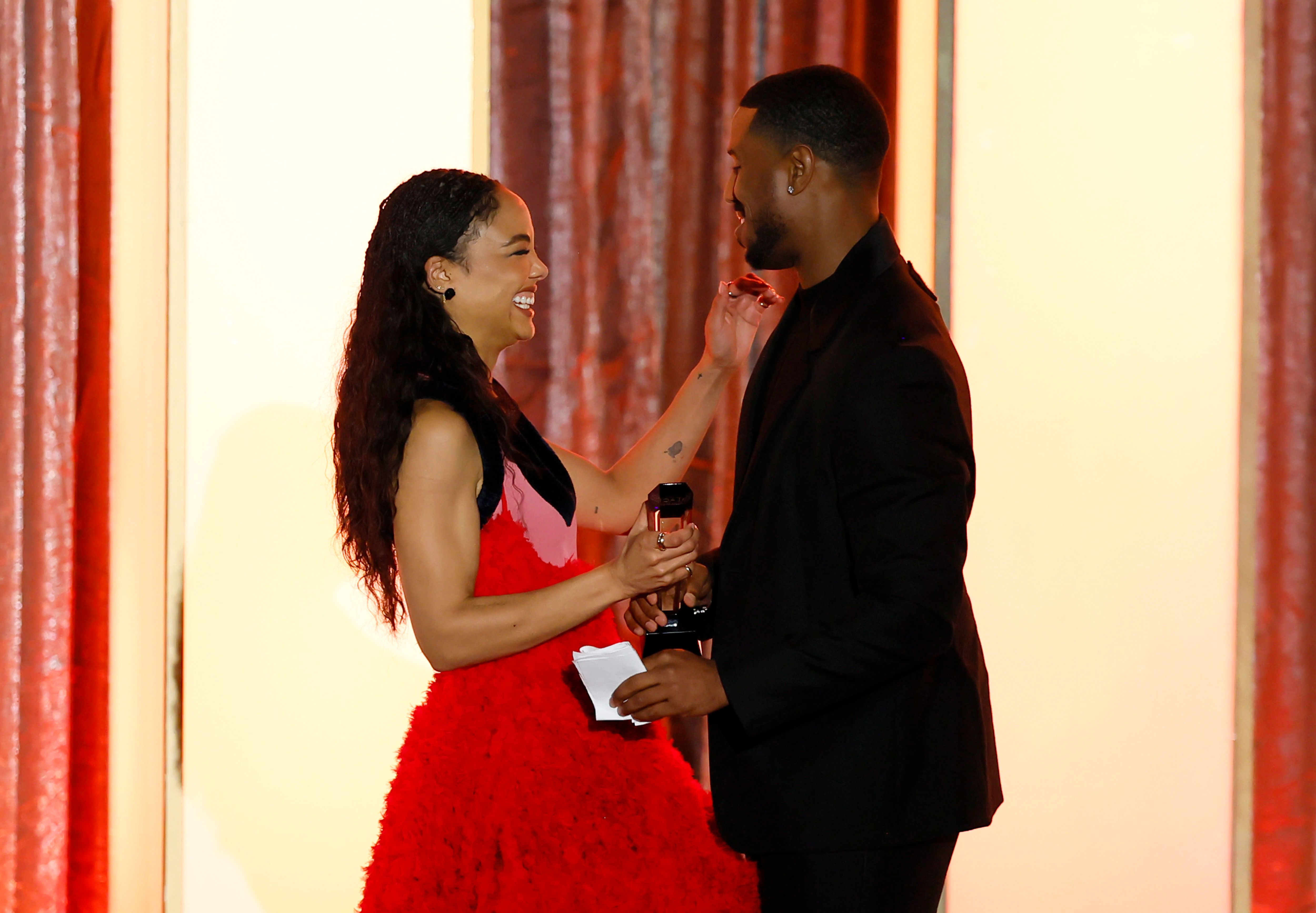 essa Thompson accepts the Actress Award – Film for “Hedda” from Michael B. Jordan onstage during The Critics Choice Association's 8th annual celebration of Black Cinema & Television at Fairmont Century Plaza on December 09, 2025 in Los Angeles, California. | Source: Getty Images