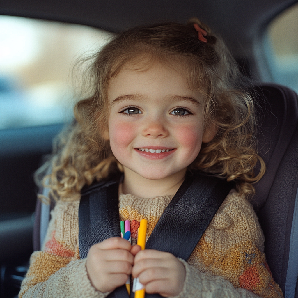 A happy girl in the back seat of a car | Source: Midjourney