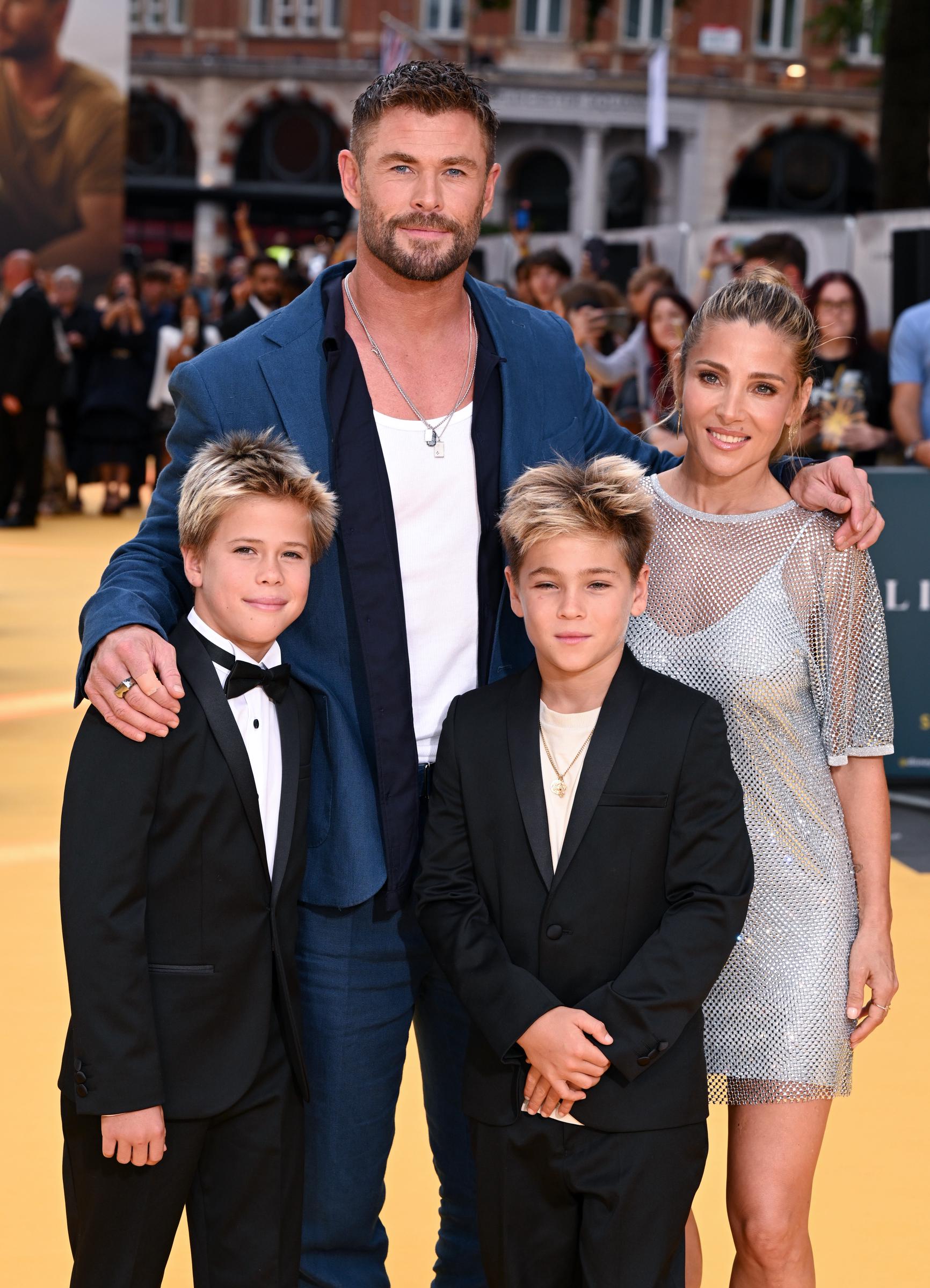 Chris Hemsworth and Elsa Pataky with Tristan Hemsworth (L) and Sasha Hemsworth attend the "Limitless: Live Better Now" UK Premiere at Odeon Luxe Leicester Square on July 17, 2025, in London, England. | Source: Getty Images