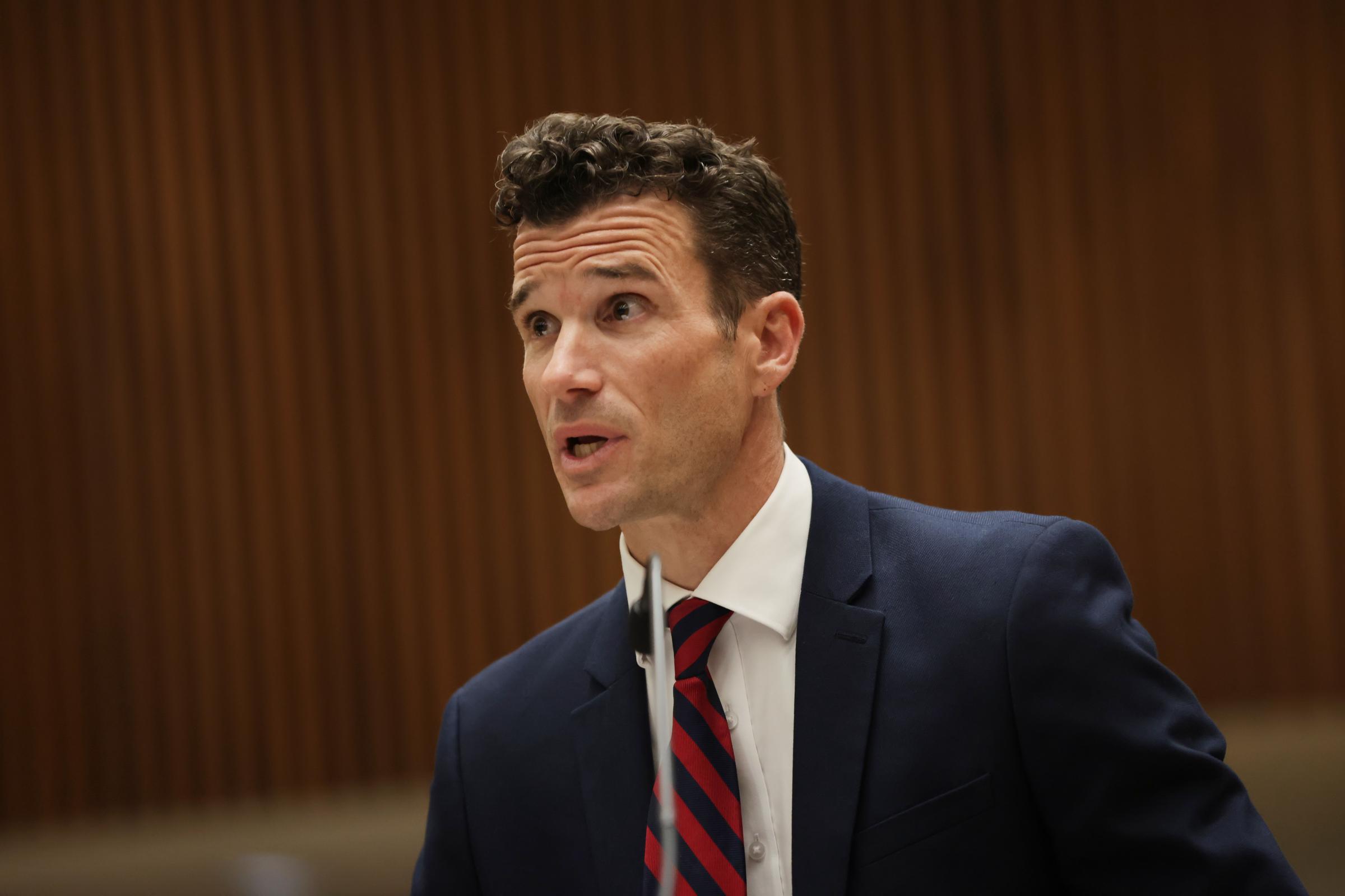 Los Angeles District Attorney Alexander Bott speaks during the arraignment for Ivana Lisette Ortiz, who is accused of firing shots at Rihanna’s home in the Beverly Hills area, at the Clara Shortridge Foltz Criminal Justice Center on March 10, 2026 in Los Angeles, California. | Source: Getty Images