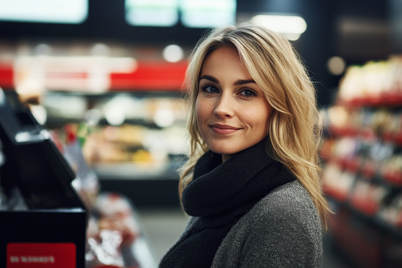 A woman smiling in a grocery store | Source: Midjourney