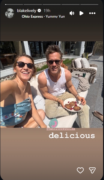 Blake Lively shared a sunny selfie with Ryan Reynolds while showing off homemade cookies in an Instagram Story posted on May 27, 2026. | Source: Instagram/blakelively