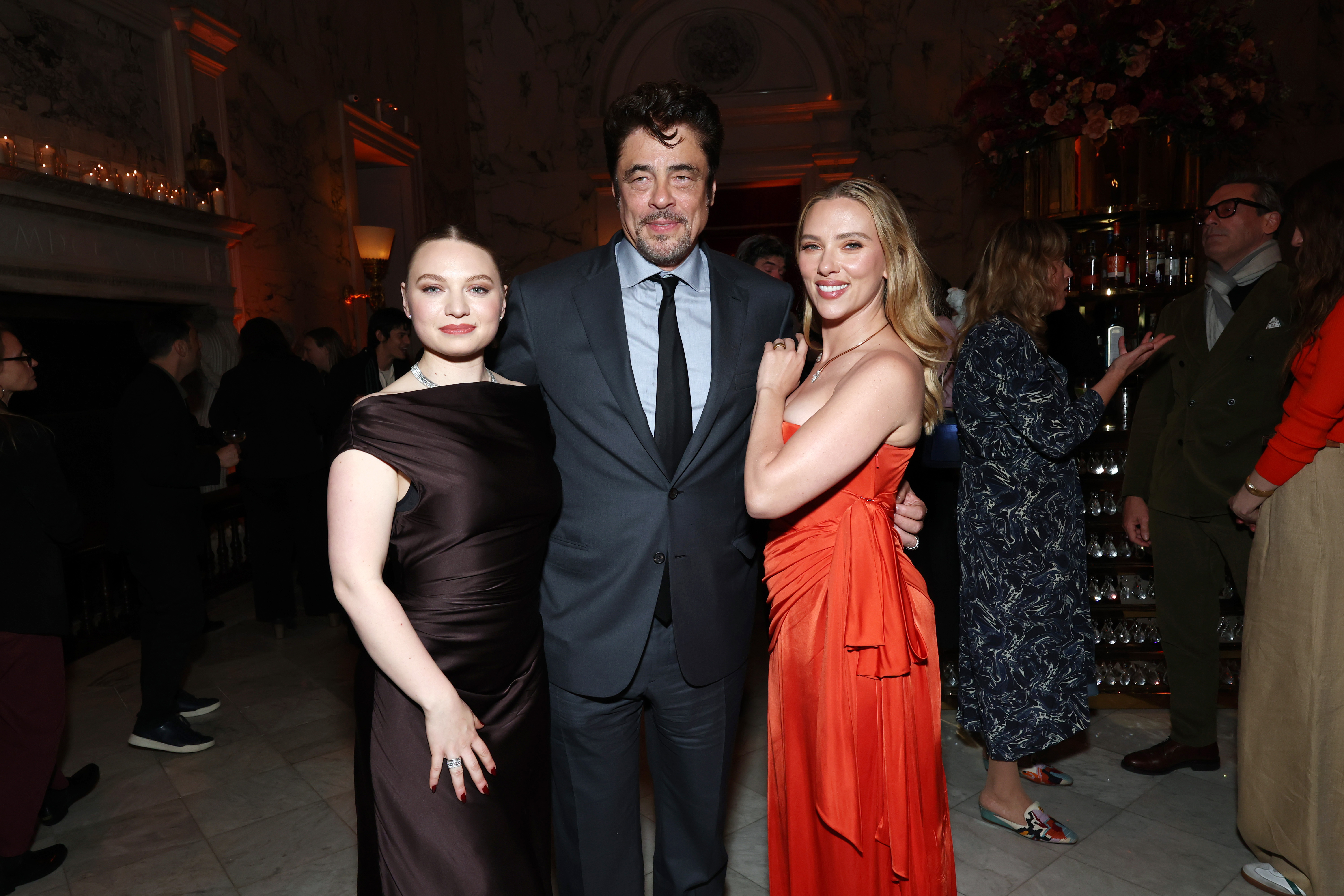 Mia Threapleton, Benicio del Toro, Scarlett Johansson at Focus Features' "The Phoenician Scheme" New York premiere held at Jazz at Lincoln Center on May 28, 2025 in New York City | Source: Getty Images