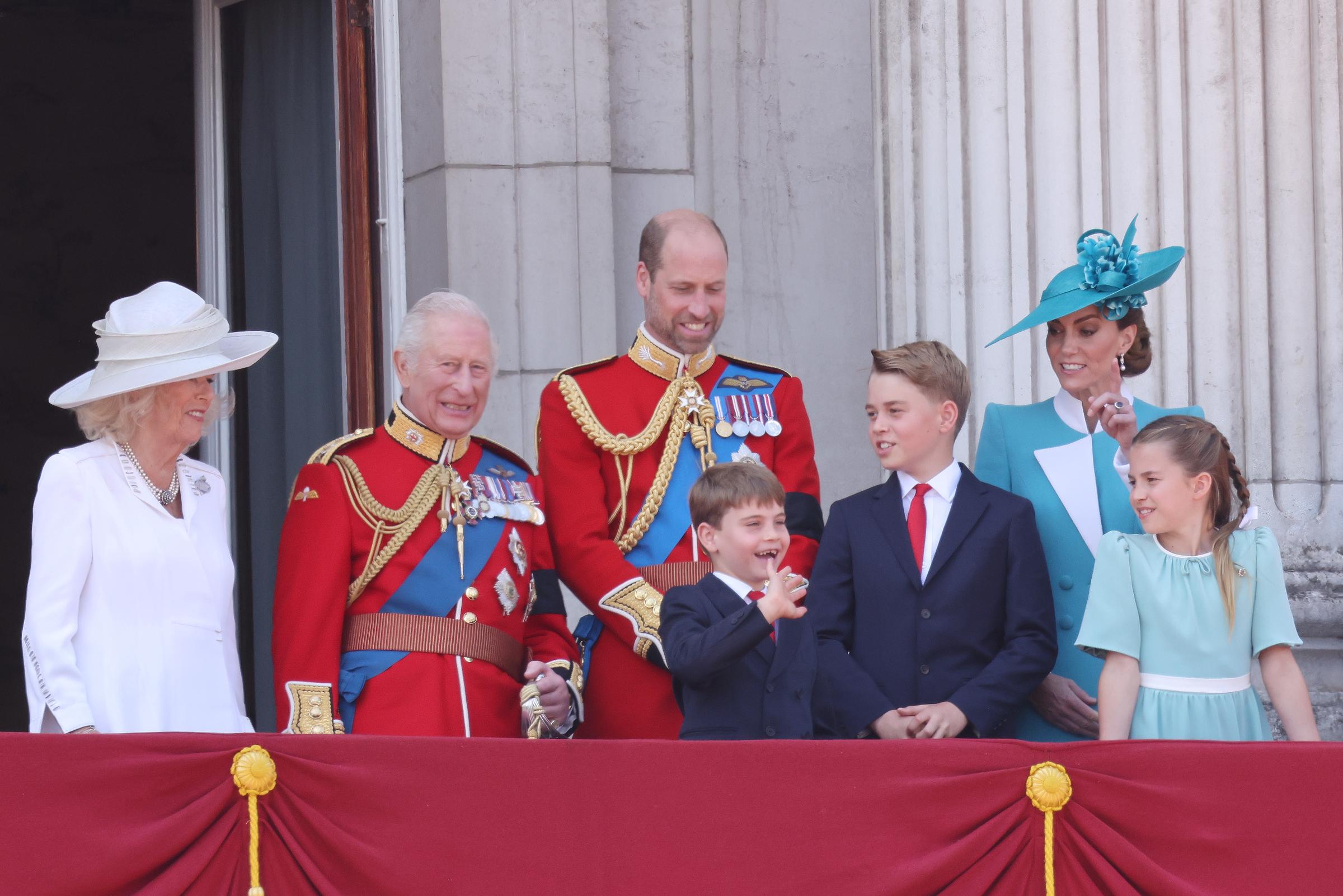 Prince George of Wales, Princess Charlotte of Wales, King Charles III, Queen Camilla, Prince Louis of Wales, Catherine, Princess of Wales and Prince William, Prince of Wales on the balcony of Buckingham Palace during Trooping The Colour 2025 on June 14, 2025 in London, England | Source: Getty Images