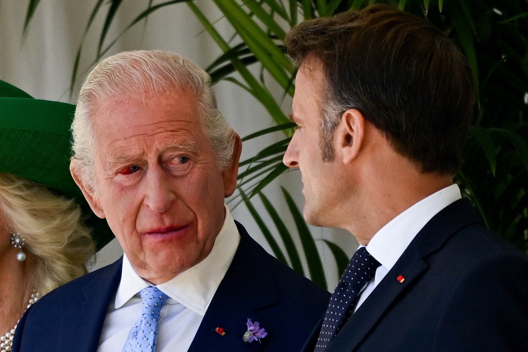 French President Emmanuel Macron speaks to King Charles III during a welcome ceremony at Windsor Castle as part of Macron's state visit to the United Kingdom on July 8, 2025, in Windsor, England. | Source: Getty Images