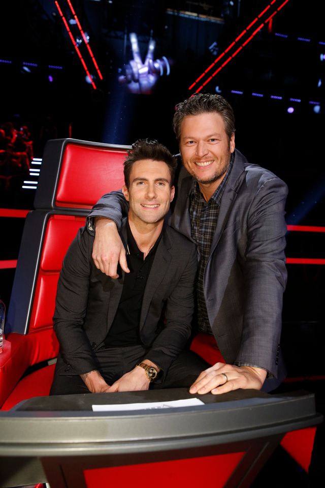 Adam Levine and Blake Shelton on the set of "The Voice" on Episode 715A, aired November 24, 2014 | Source: Getty Images