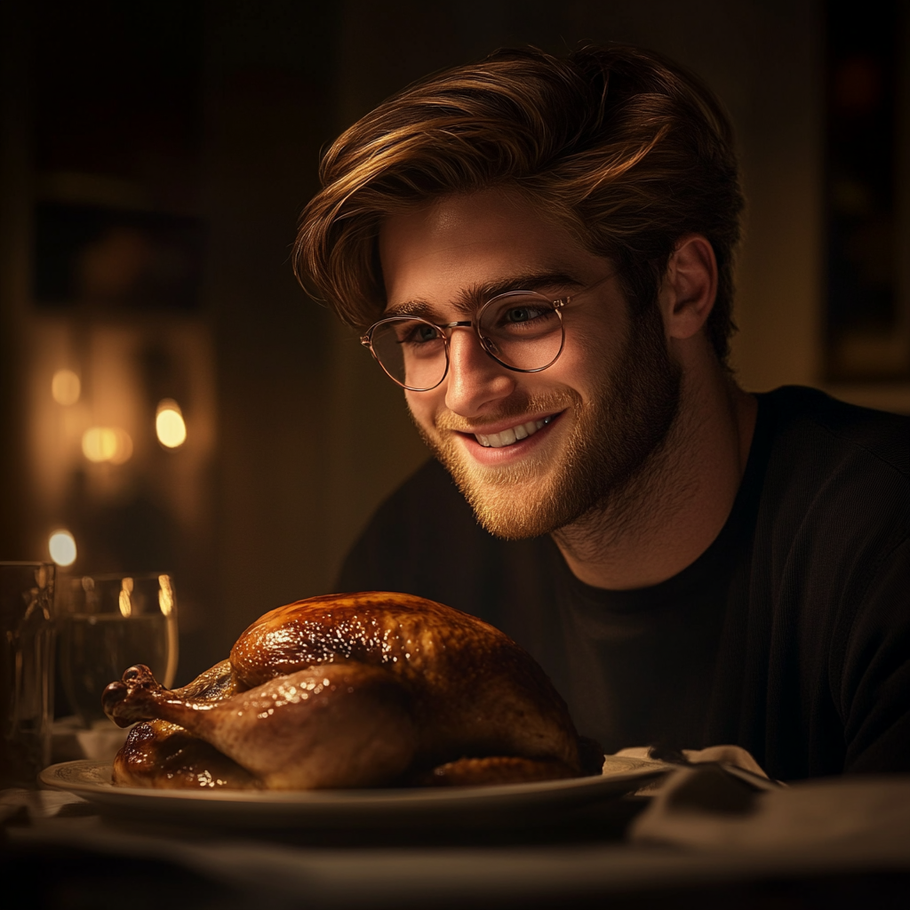 A man looking at his chicken roast and smiling | Source: Midjourney