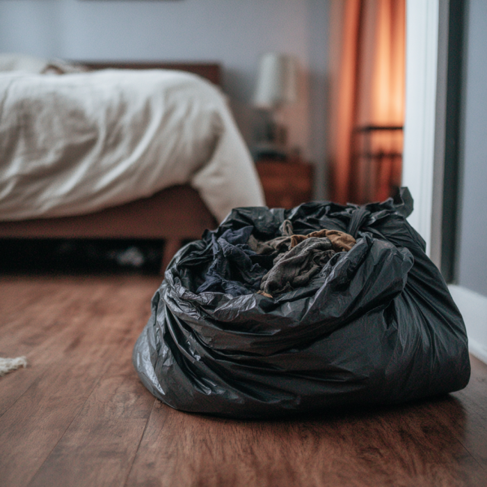 A trash bag lying on the bedroom floor | Source: Midjourney