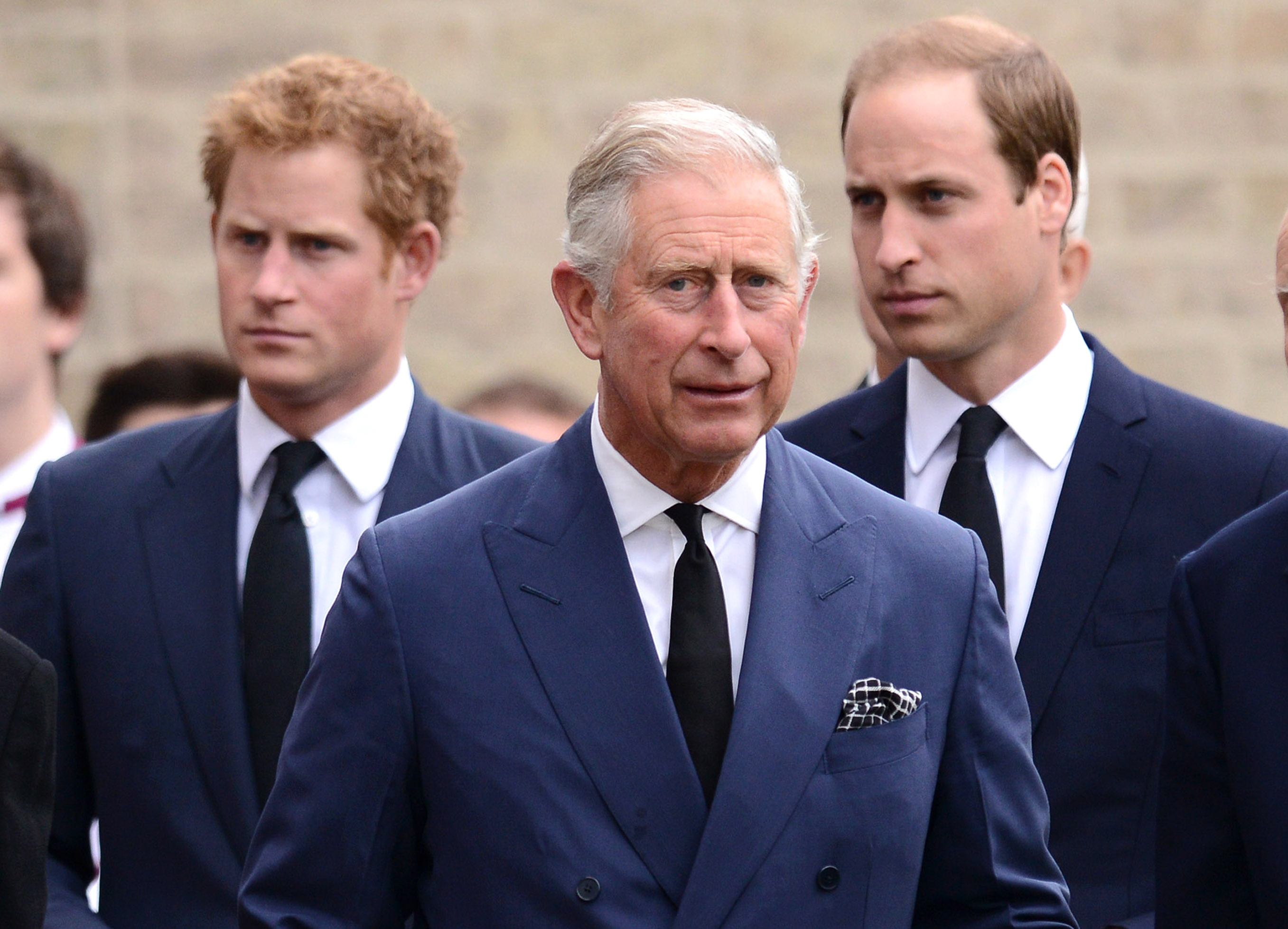 Prince Harry, Prince Charles, and Prince William attend a Requiem Mass for Hugh van Cutsem at Brentwood Cathedral on September 11, 2013 in Brentwood, England | Source: Getty Images