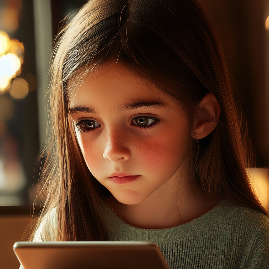 Uma menina triste olhando para seu tablet | Fonte: Midjourney