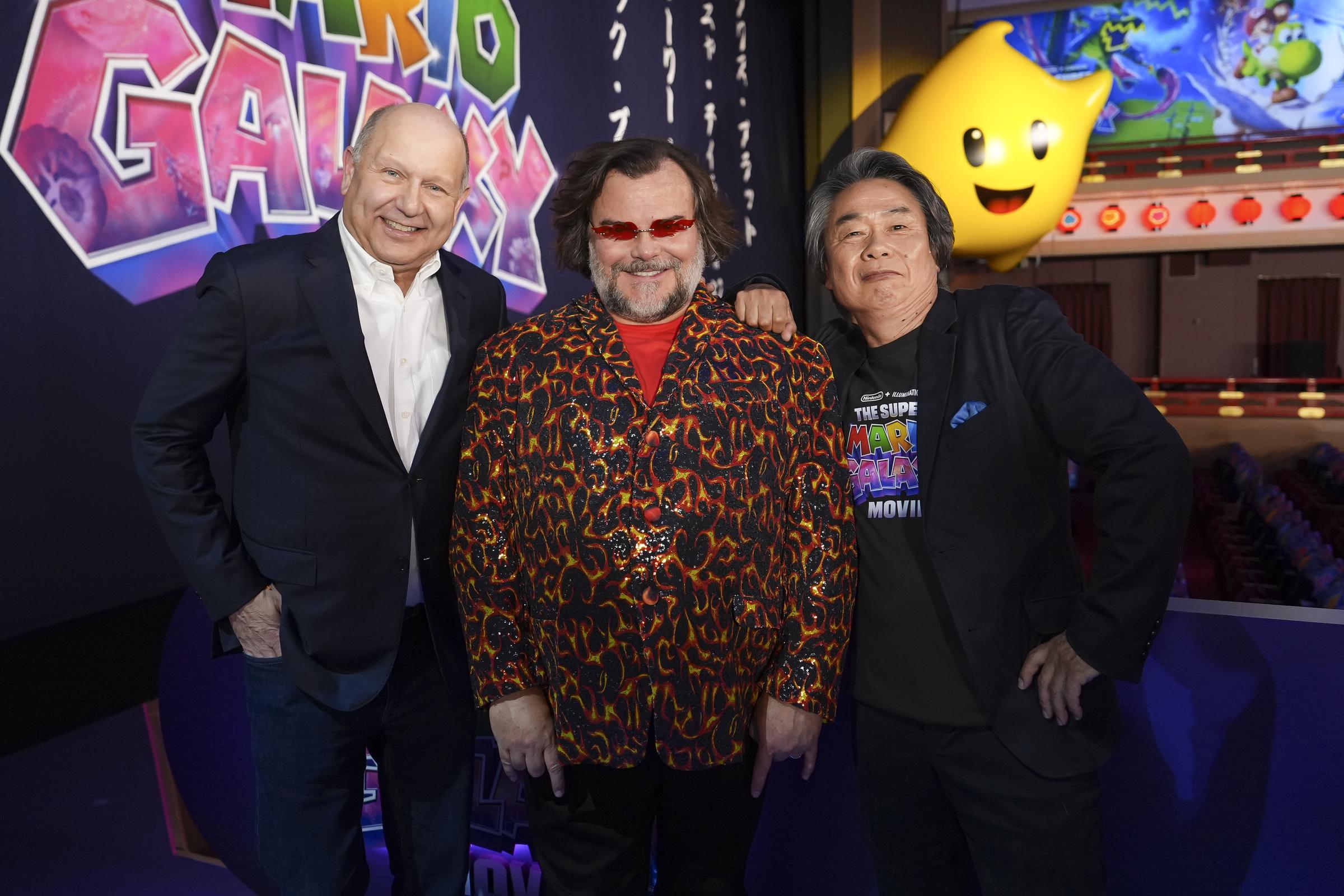 Chris Meledandri, Jack Black and Shigeru Miyamoto pose for a photo as Universal Pictures, Nintendo and Illumination present the premiere of "The Super Mario Galaxy Movie" at Minamiza Theater on March 28, 2026 in Kyoto, Japan. | Source: Getty Images