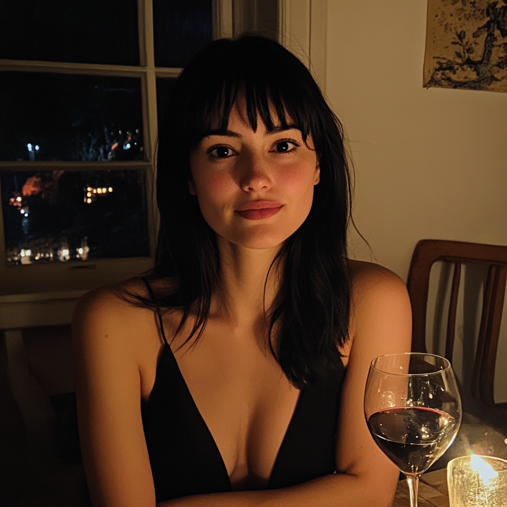 A smiling woman sitting at a dinner table | Source: Midjourney