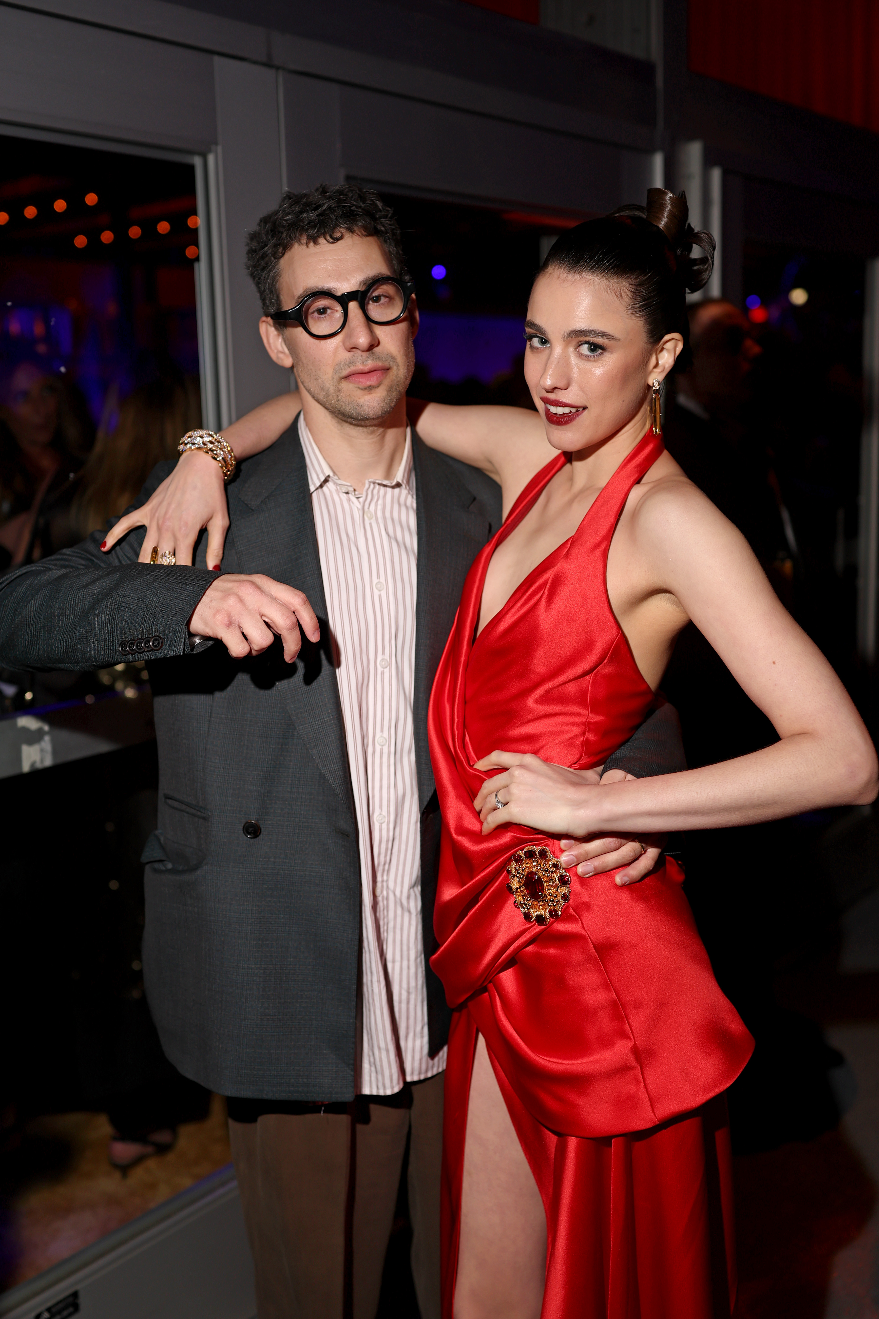Jack Antonoff and Margaret Qualley attend the 2025 Vanity Fair Oscar Party Hosted By Radhika Jones at Wallis Annenberg Center for the Performing Arts on March 2 in Beverly Hills, California. | Source: Getty Images