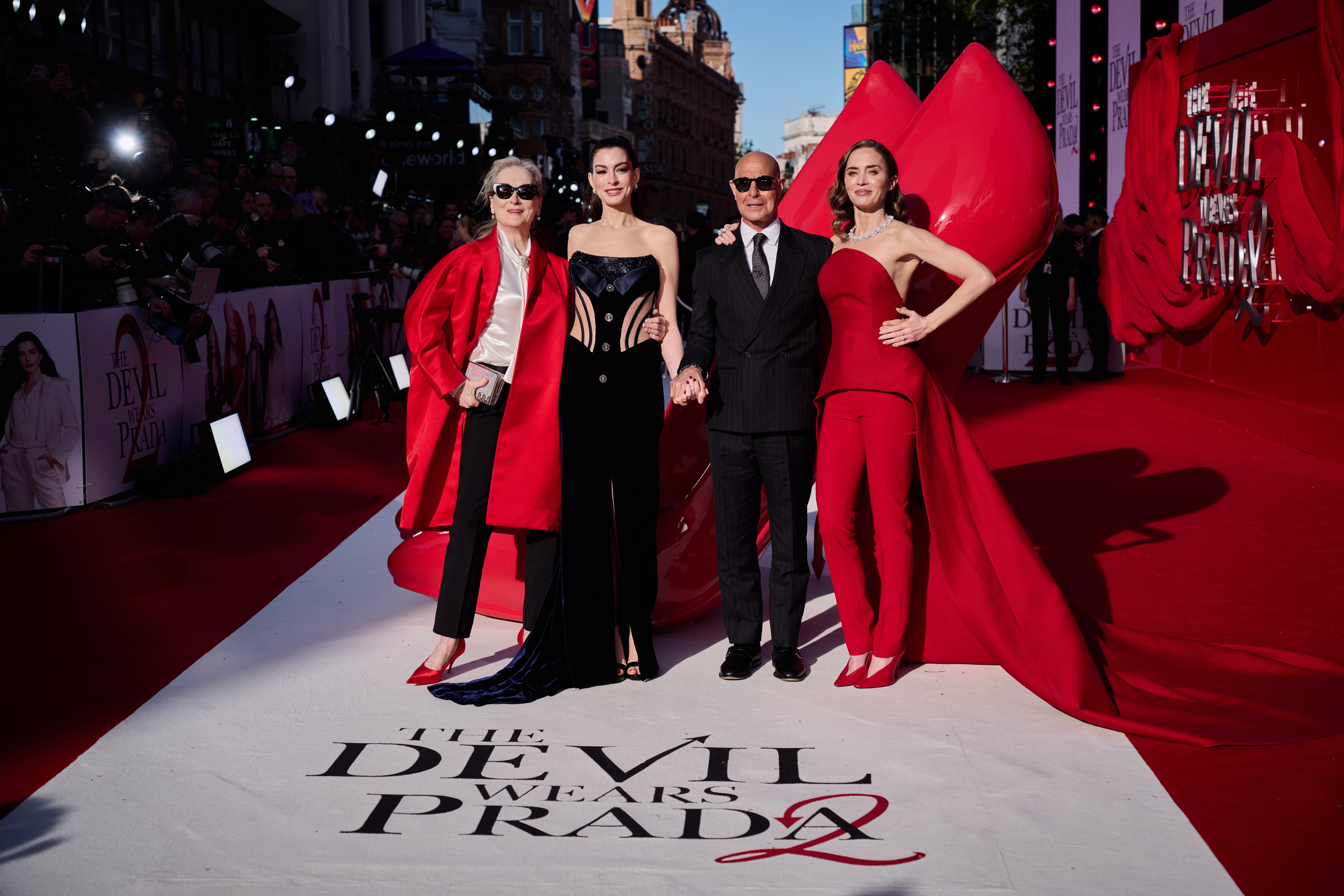 Meryl Streep, Anne Hathaway, Stanley Tucci and Emily Blunt attend "The Devil Wears Prada 2" European Premiere inside Leicester Square on April 22, 2026 in London, England. | Source: Getty Images