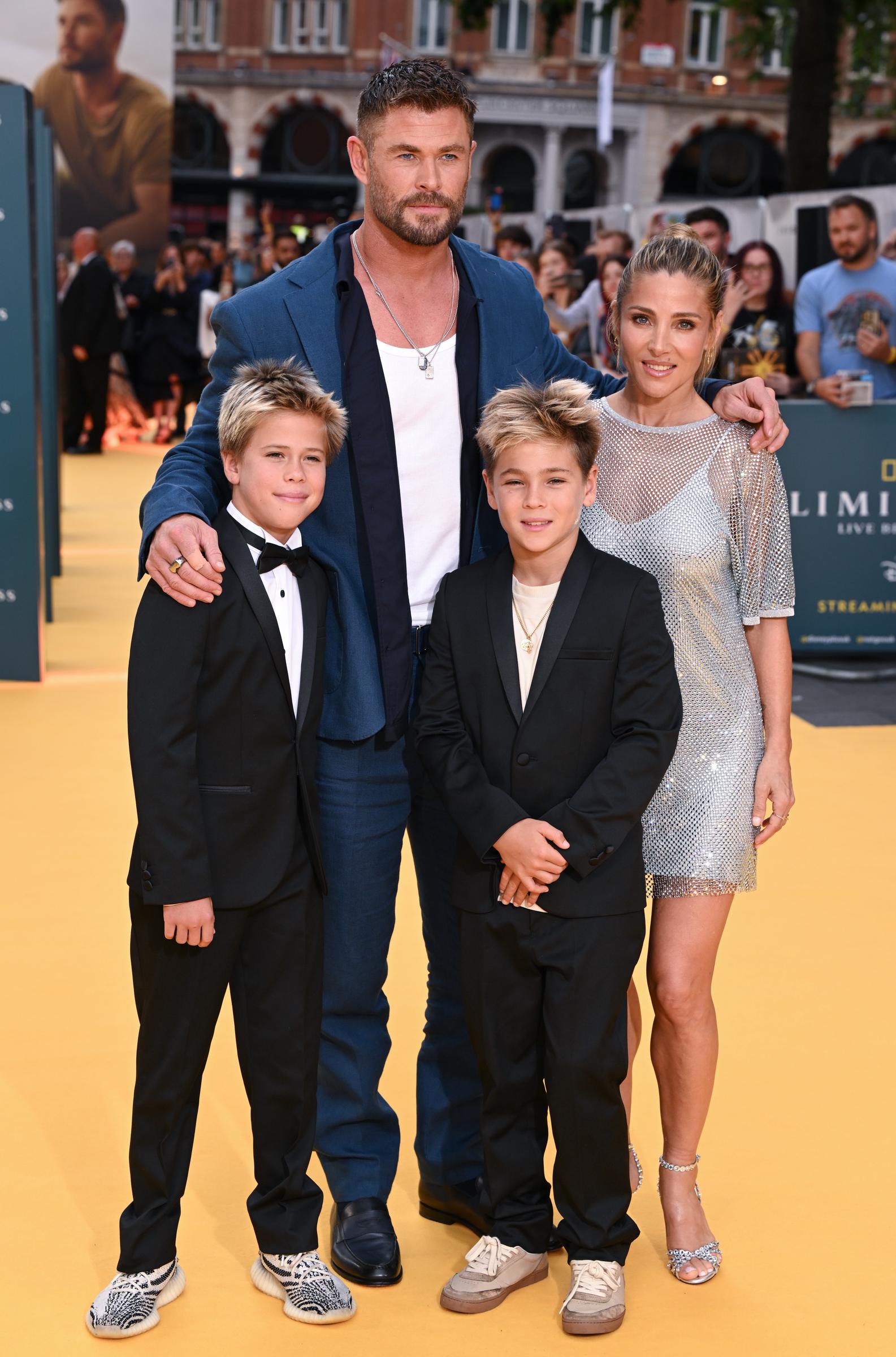 Chris Hemsworth and Elsa Pataky with Tristan Hemsworth (L) and Sasha Hemsworth attend the "Limitless: Live Better Now" UK Premiere at Odeon Luxe Leicester Square on July 17, 2025, in London, England. | Source: Getty Images
