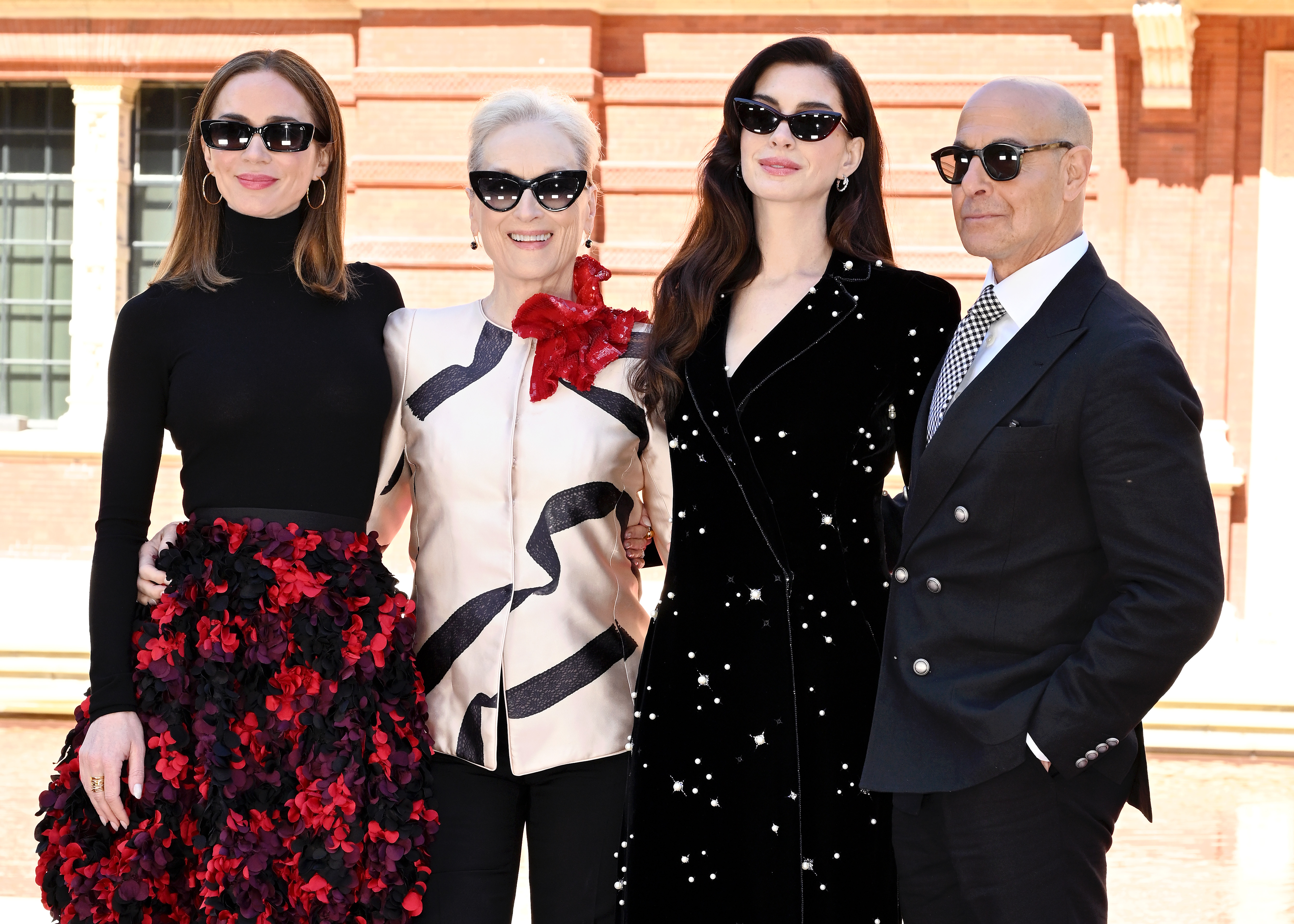 Emily Blunt, Meryl Streep, Anne Hathaway and Stanley Tucci attend "The Devil Wears Prada 2" Photocall at the V&A South Kensington on April 24, 2026 in London, England. | Source: Getty Images
