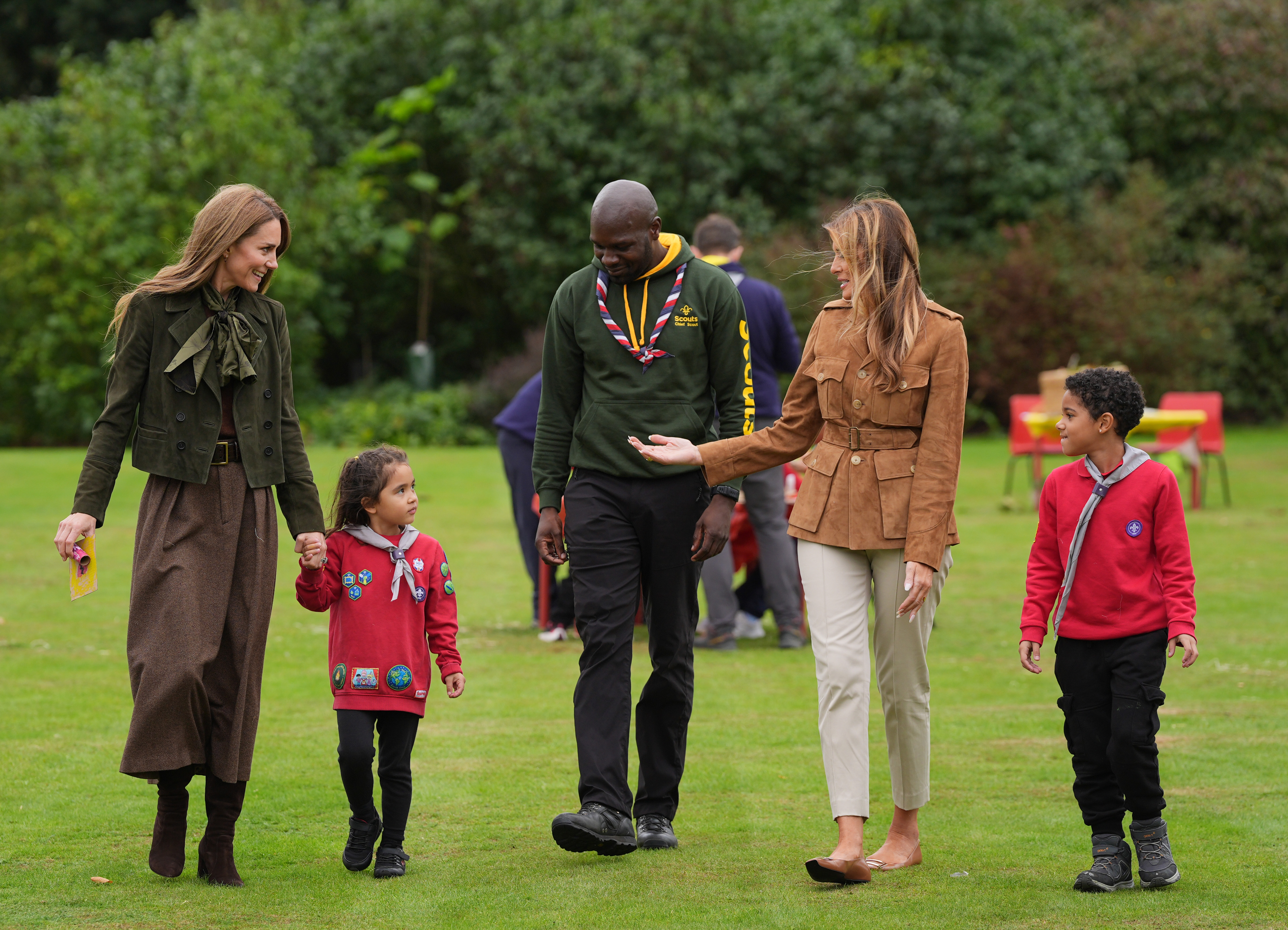 U.S. First Lady Melania Trump (R) and Catherine, Princess of Wales (L) meet members of the Scouts' Squirrels programme as they tour the grounds of Frogmore Cottage, during the State visit by the President of the United States of America and U.S. First Lady Melania Trump, on September 18, 2025, in Windsor, England. | Source: Getty Images