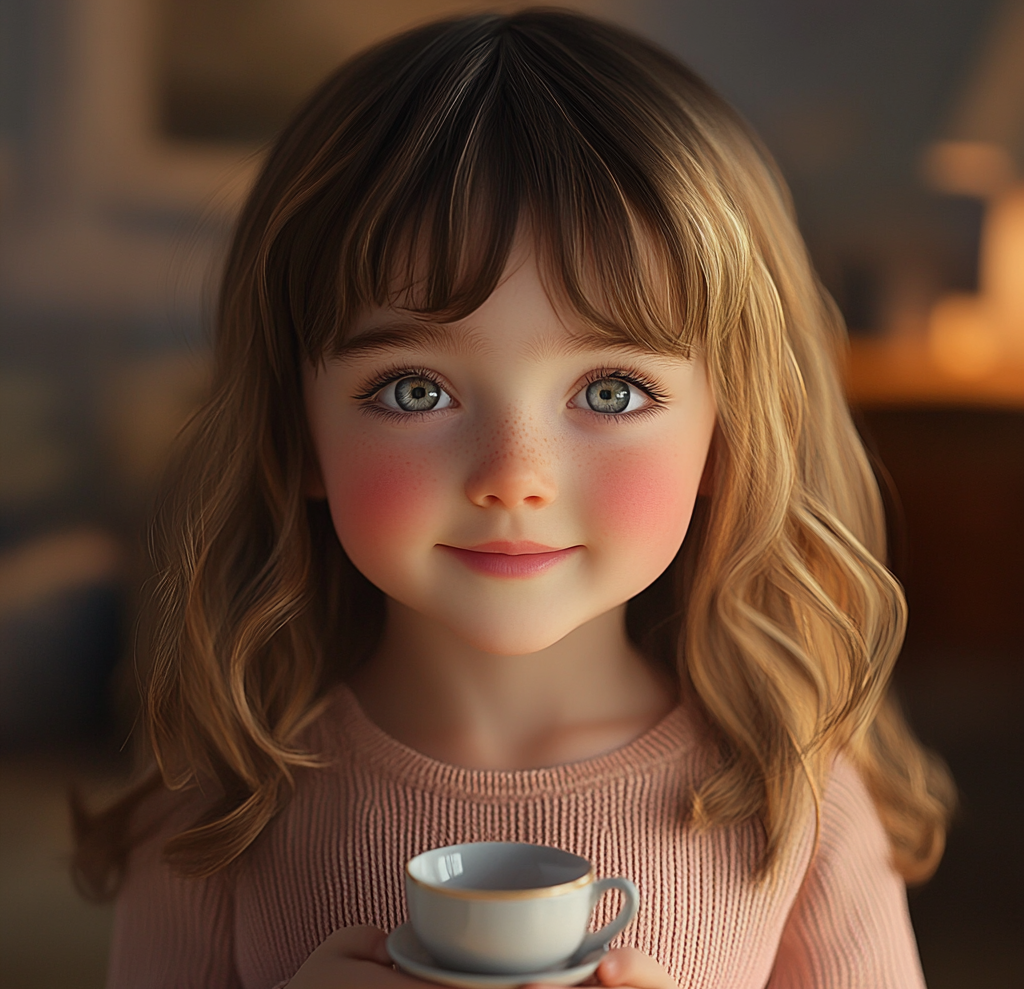 A little girl holding a teacup | Source: Midjourney