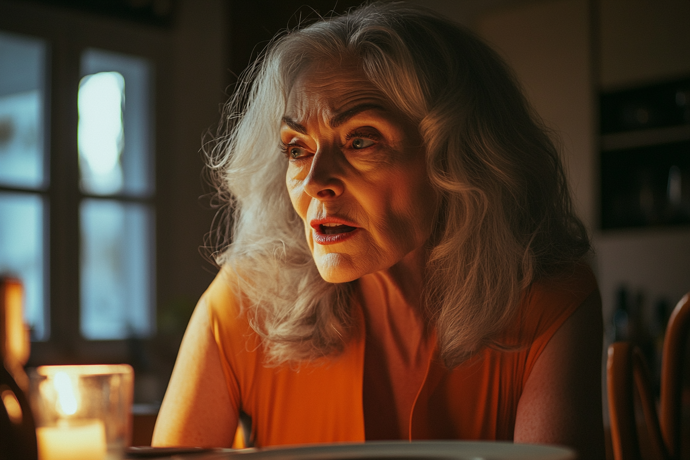 An angry woman speaking to someone during dinner | Source: Midjourney