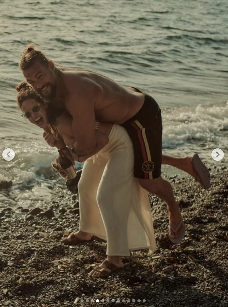 Jason Momoa and Adria Arjona having some beach-side fun, posted on August 1, 2025. | Source: Instagram/adriaarjona