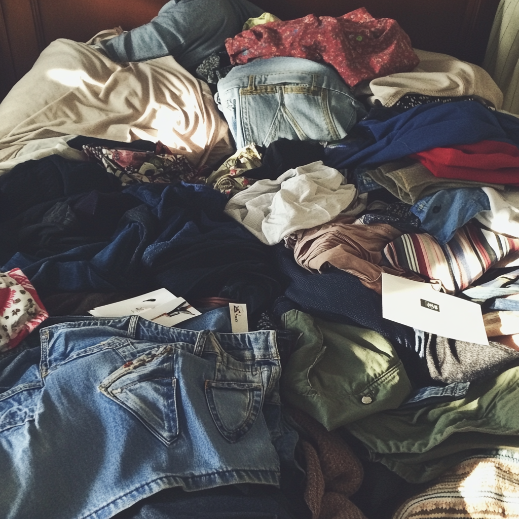 A pile of clothing on a bed | Source: Midjourney