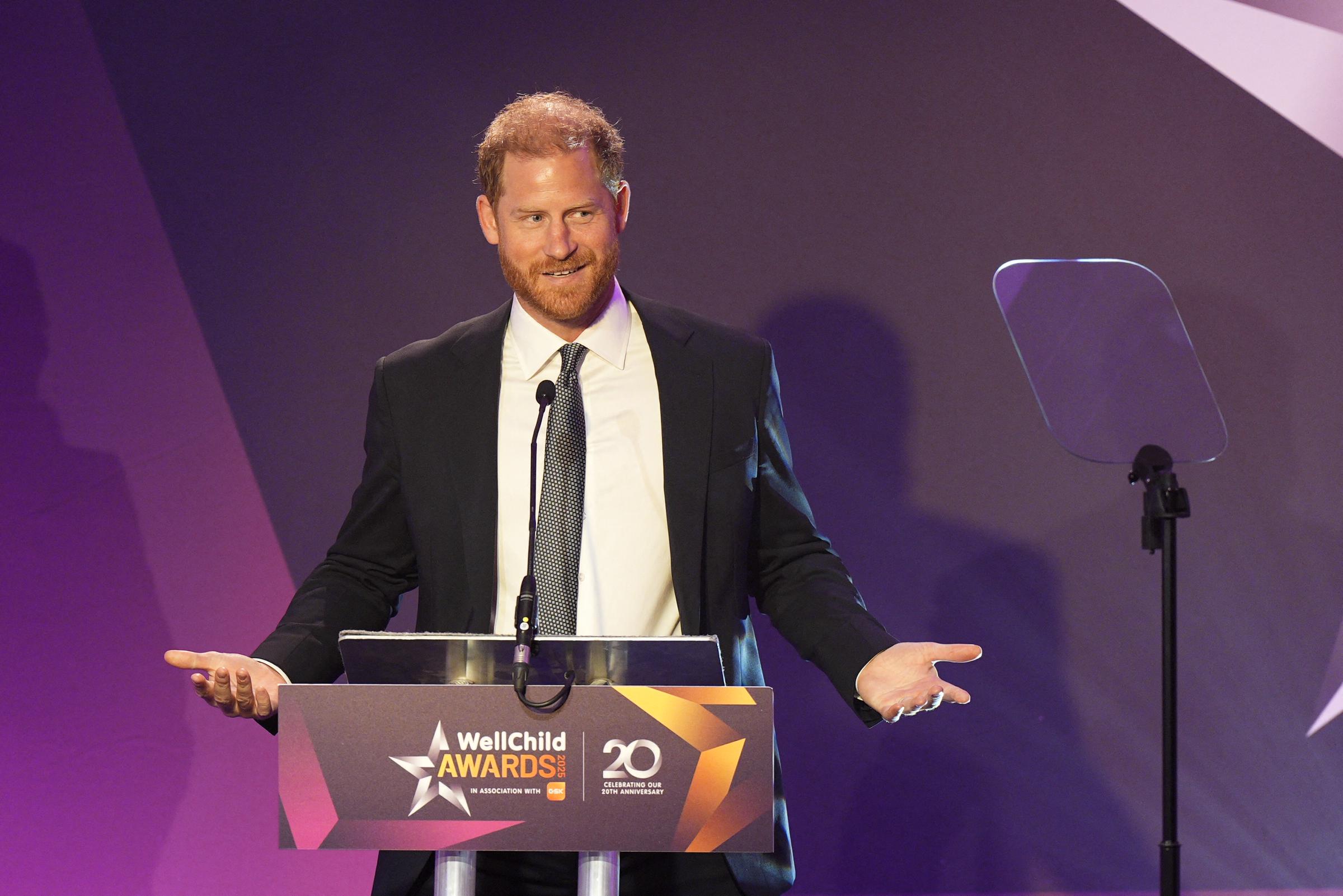 Prince Harry, Duke of Sussex delivers a speech during the annual WellChild Awards in London on September 8, 2025. | Source: Getty Images