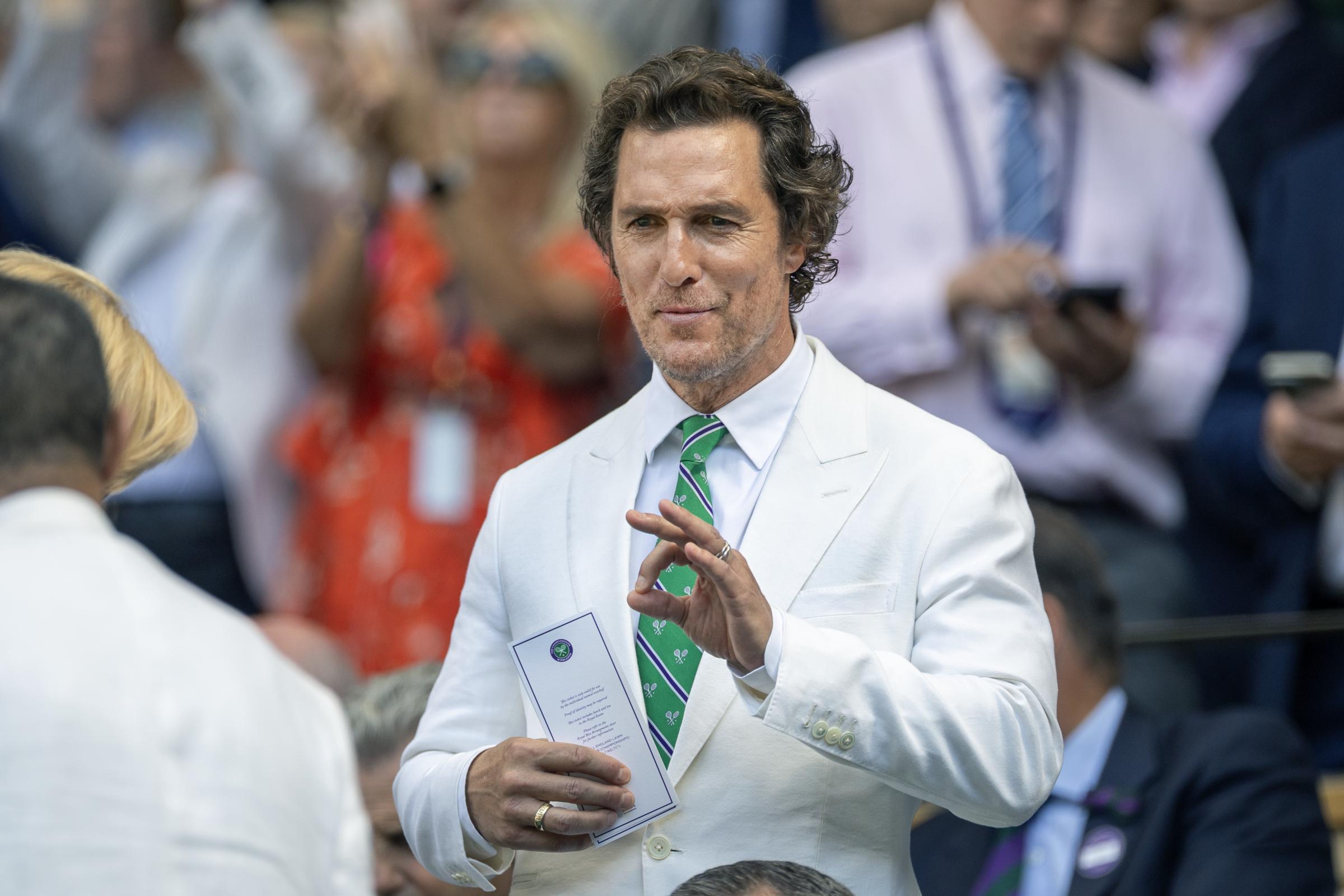 Matthew McConaughey in the Royal Box for the Gentlemen's Singles Final on Centre Court during the Wimbledon Lawn Tennis Championships at the All England Lawn Tennis and Croquet Club at Wimbledon on July 13th, 2025, in London, England | Source: Getty Images