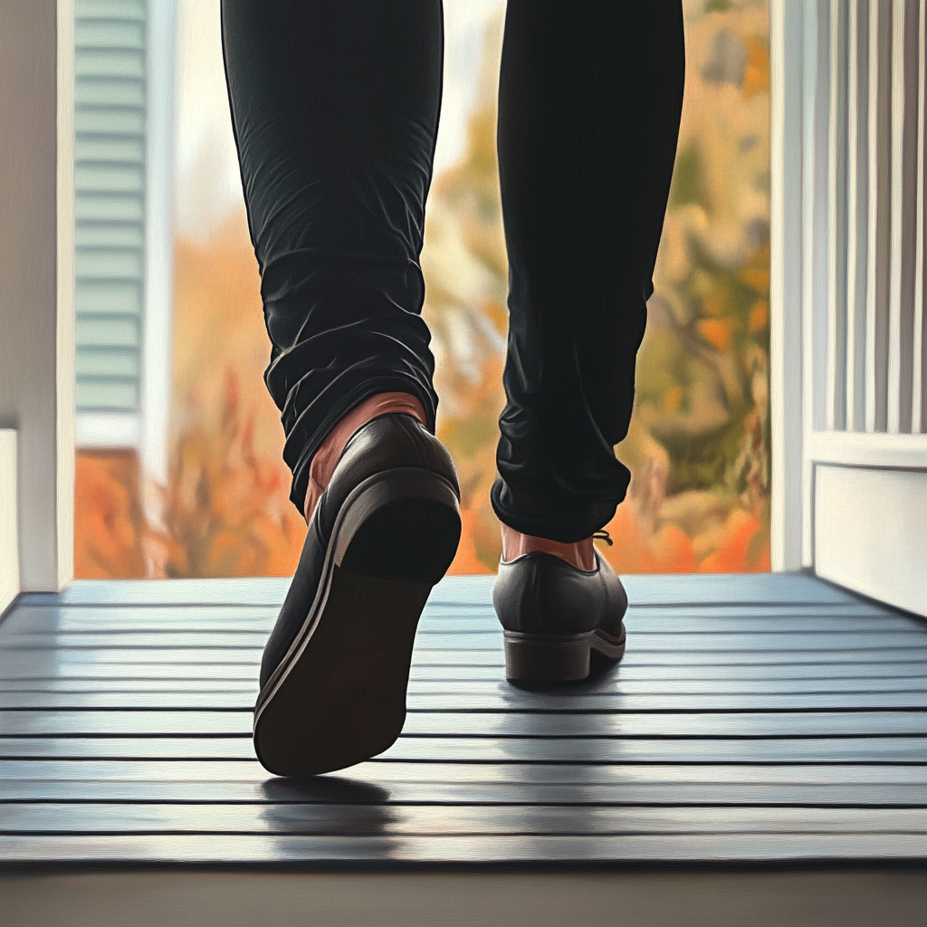 A close-up shot of a woman's shoes as she walks out of her house | Source: Midjourney