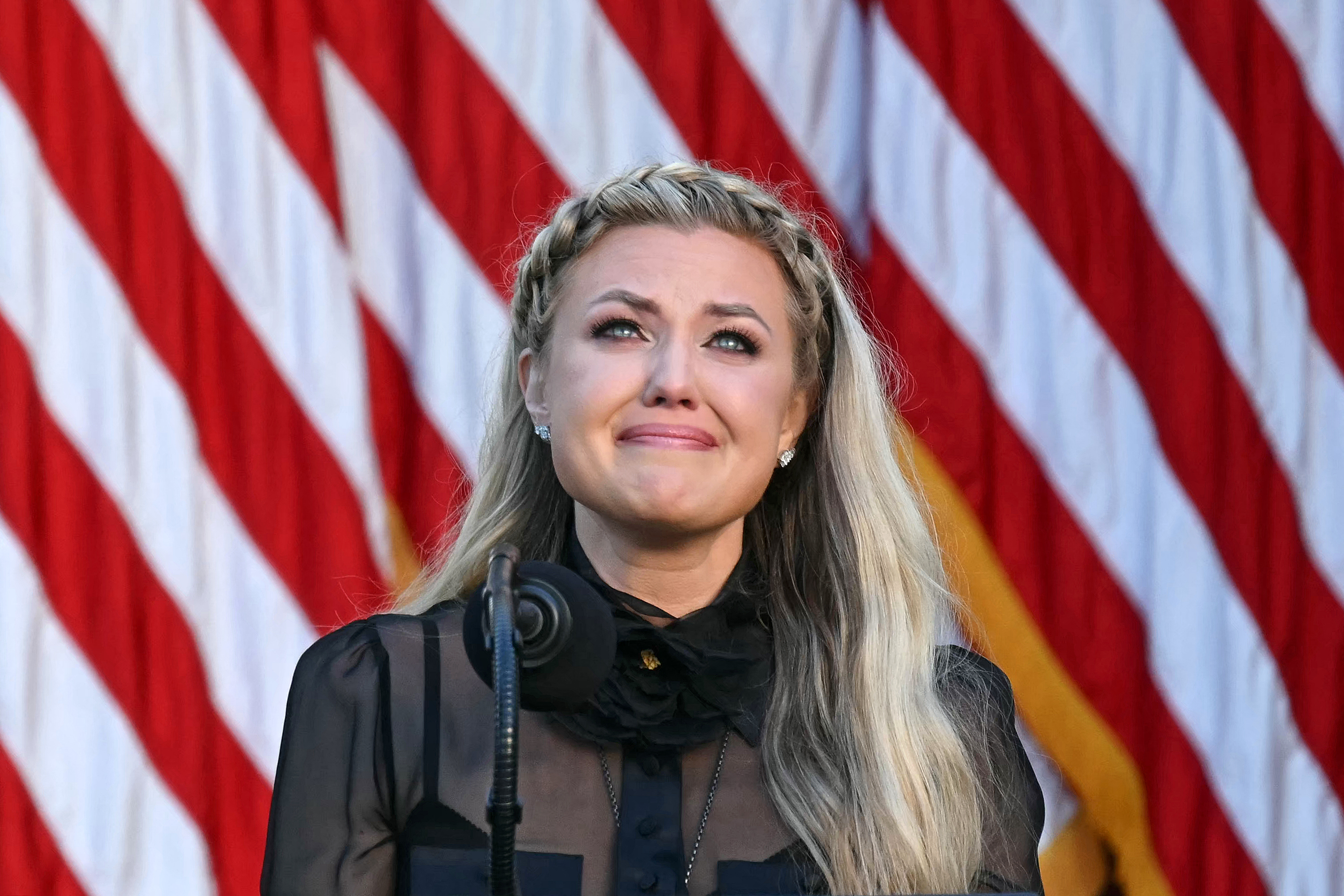 Erika Kirk participates in a Medal of Freedom Ceremony for late US right-wing activist Charlie Kirk in the Rose Garden of the White House in Washington, DC, on October 14, 2025. | Source: Getty Images