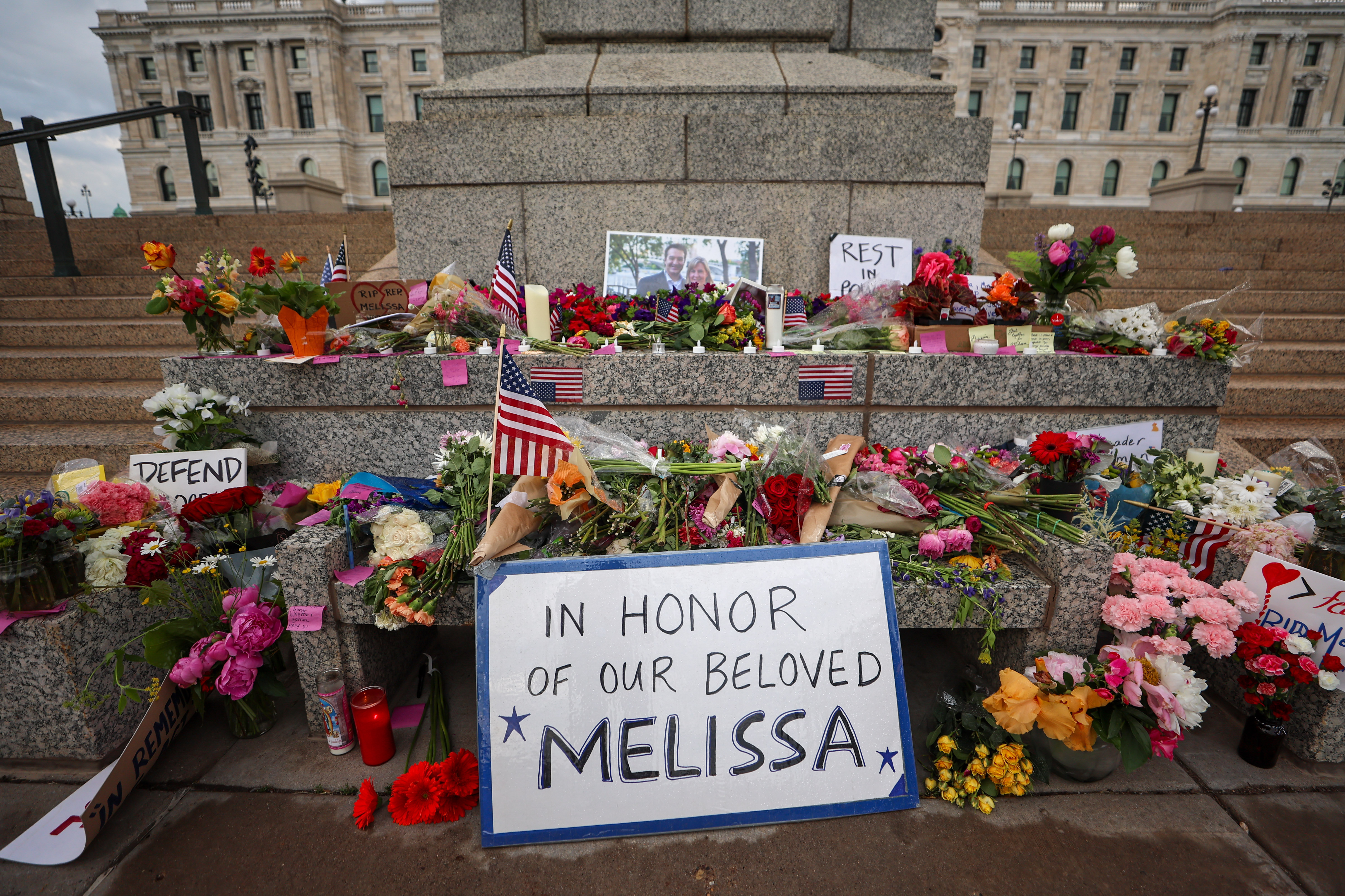 A makeshift memorial for DFL State Rep. Melissa Hortman and her husband Mark Hortman is seen at the Minnesota State Capitol building on June 16, 2025, in St. Paul, Minnesota. | Source: Getty Images
