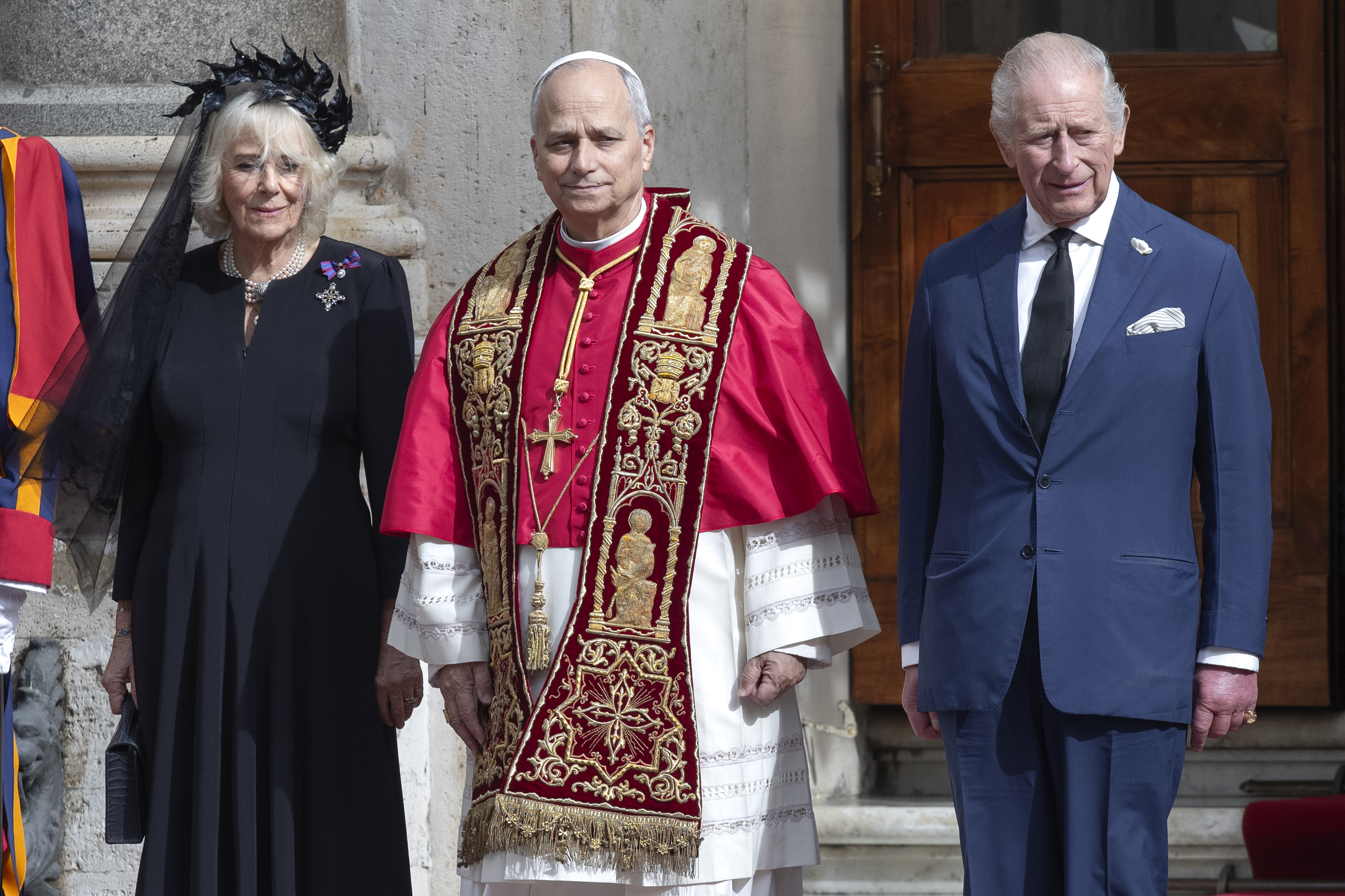 Pope Leo XIV, King Charles III and Queen Camilla in the San Damaso courtyard at the Vatican after the state visit and praying together in the Sistine Chapel. | Source: Getty Images