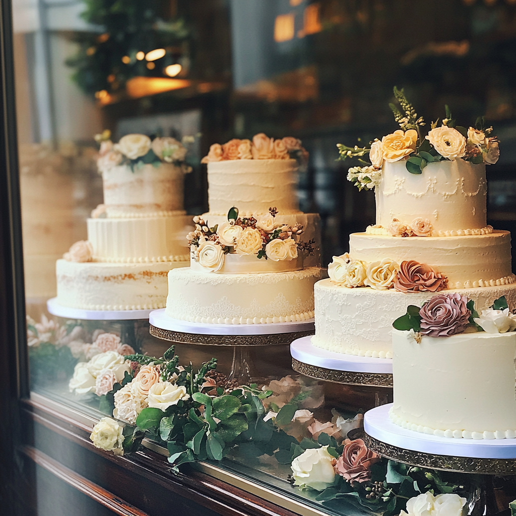 A display of wedding cakes | Source: Midjourney