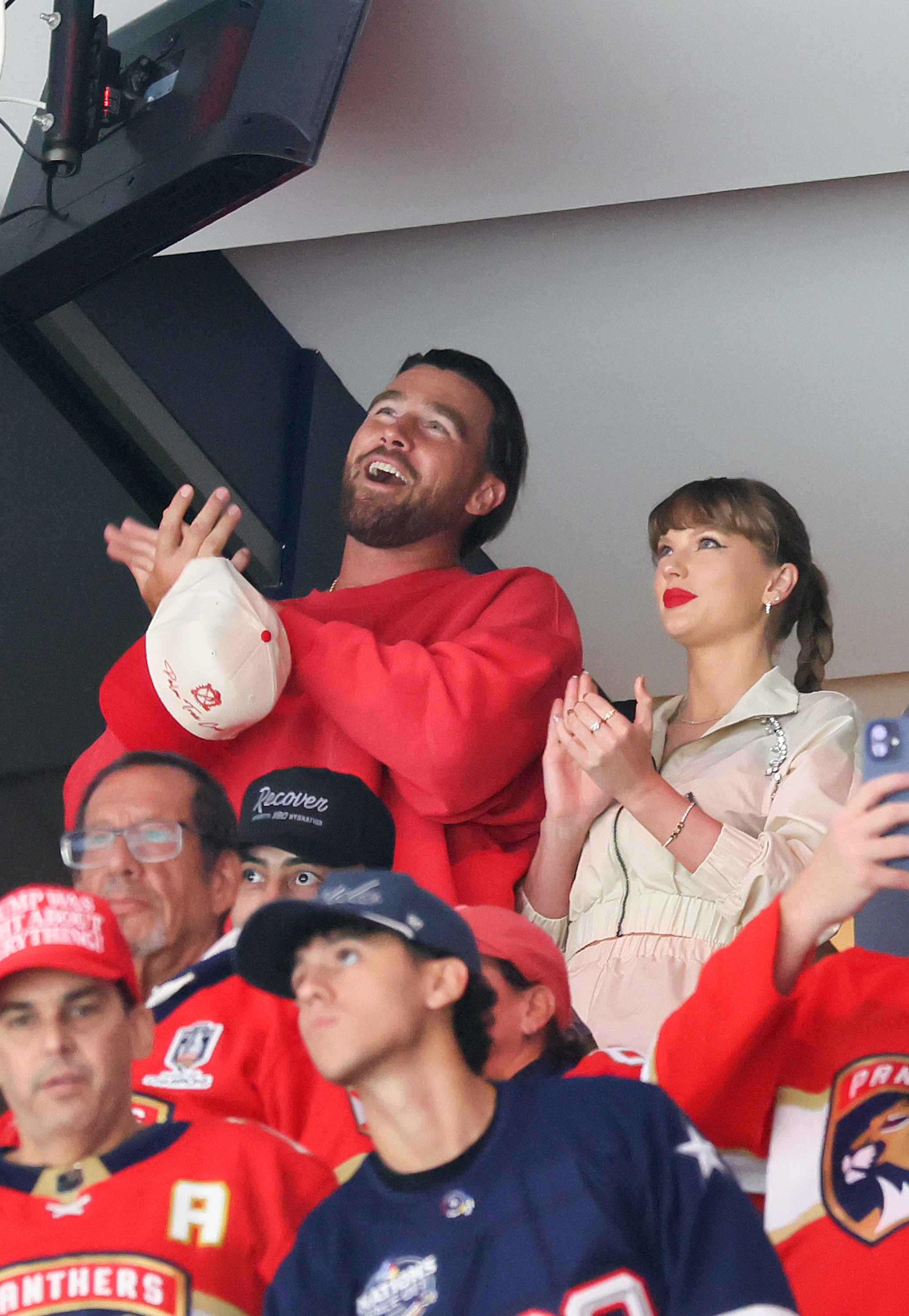 Travis Kelsey and Taylor Swift watch game 4 of the Stanley Cup Final between the Florida Panthers and the Edmonton Oilers in Game Four of the 2025 Stanley Cup Final at the Amerant Bank Arena on June 12, 2025, in Sunrise, Florida. | Source: Getty Images