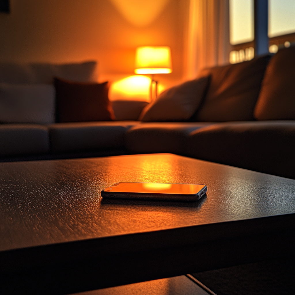 A phone on a coffee table | Source: Midjourney