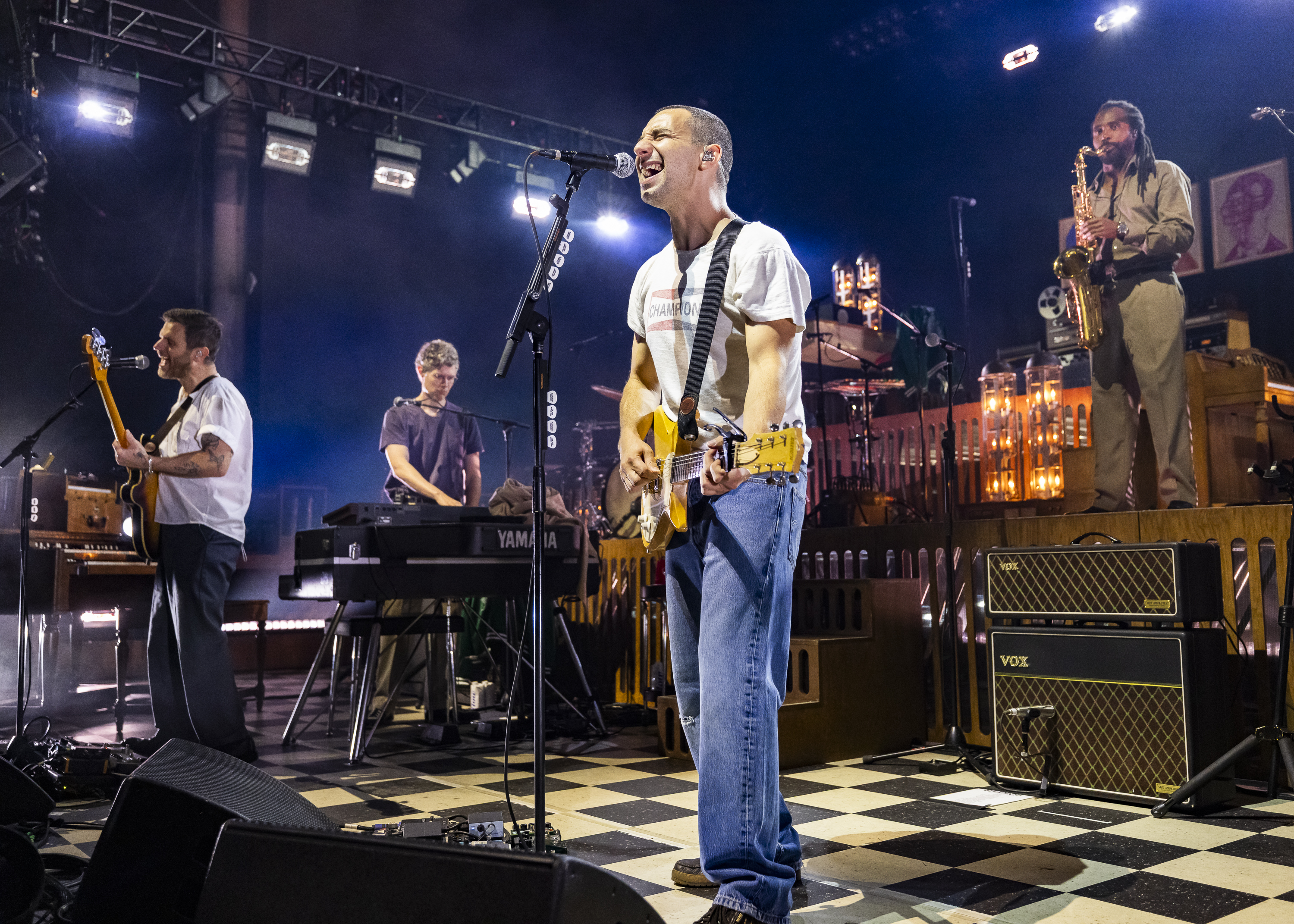 (L-R) Sean Hutchison, Evan Smith Jack Antonoff and Zem Audu of Bleachers perform at Michigan Lottery Amphitheatre on September 29, 2026 in Sterling Heights, Michigan. | Source: Getty Images