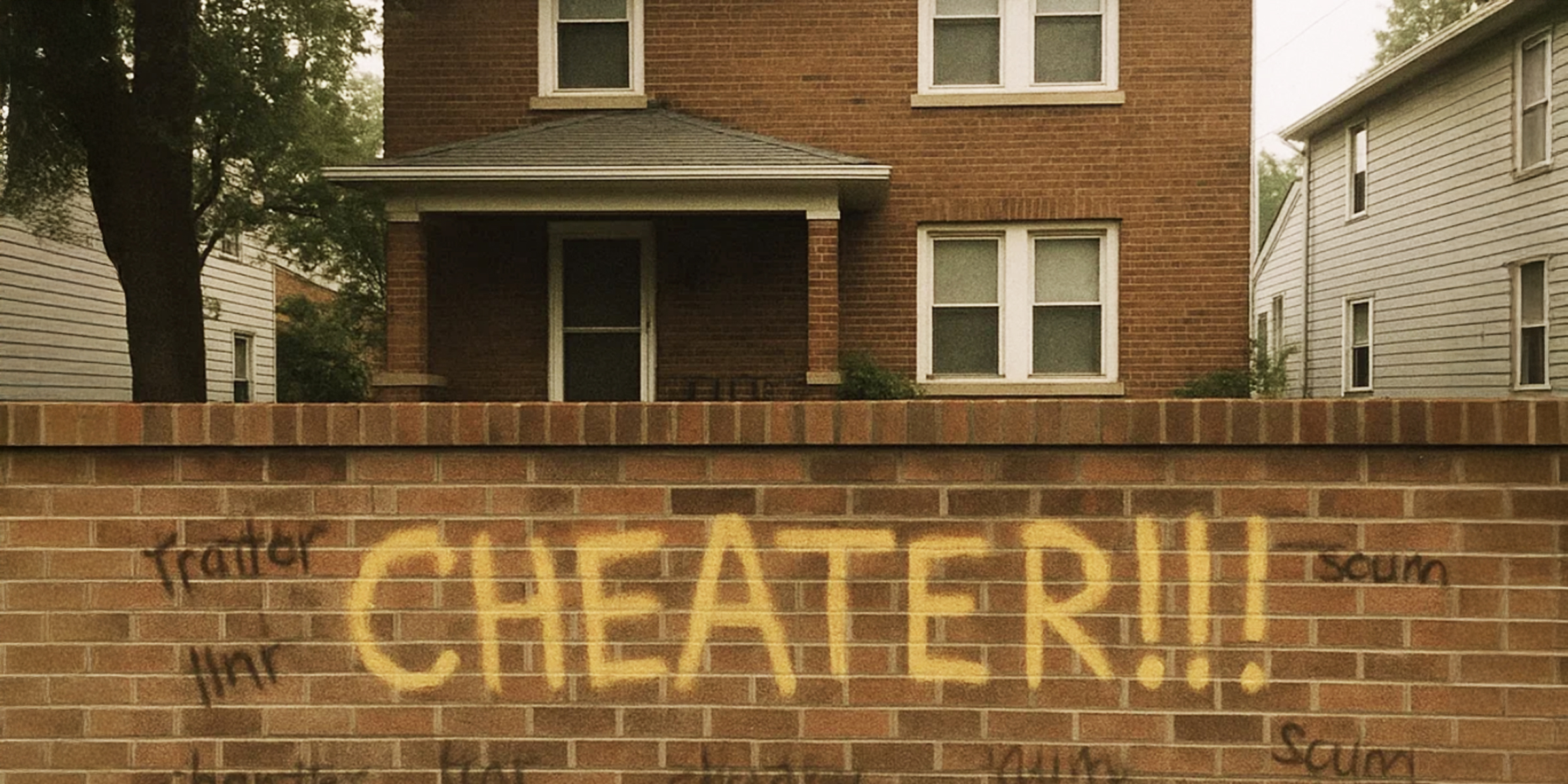 Grafitti reading "CHEATER!!!" spray-painted in bold yellow across a brick wall outside a suburban home | Source: Barabola